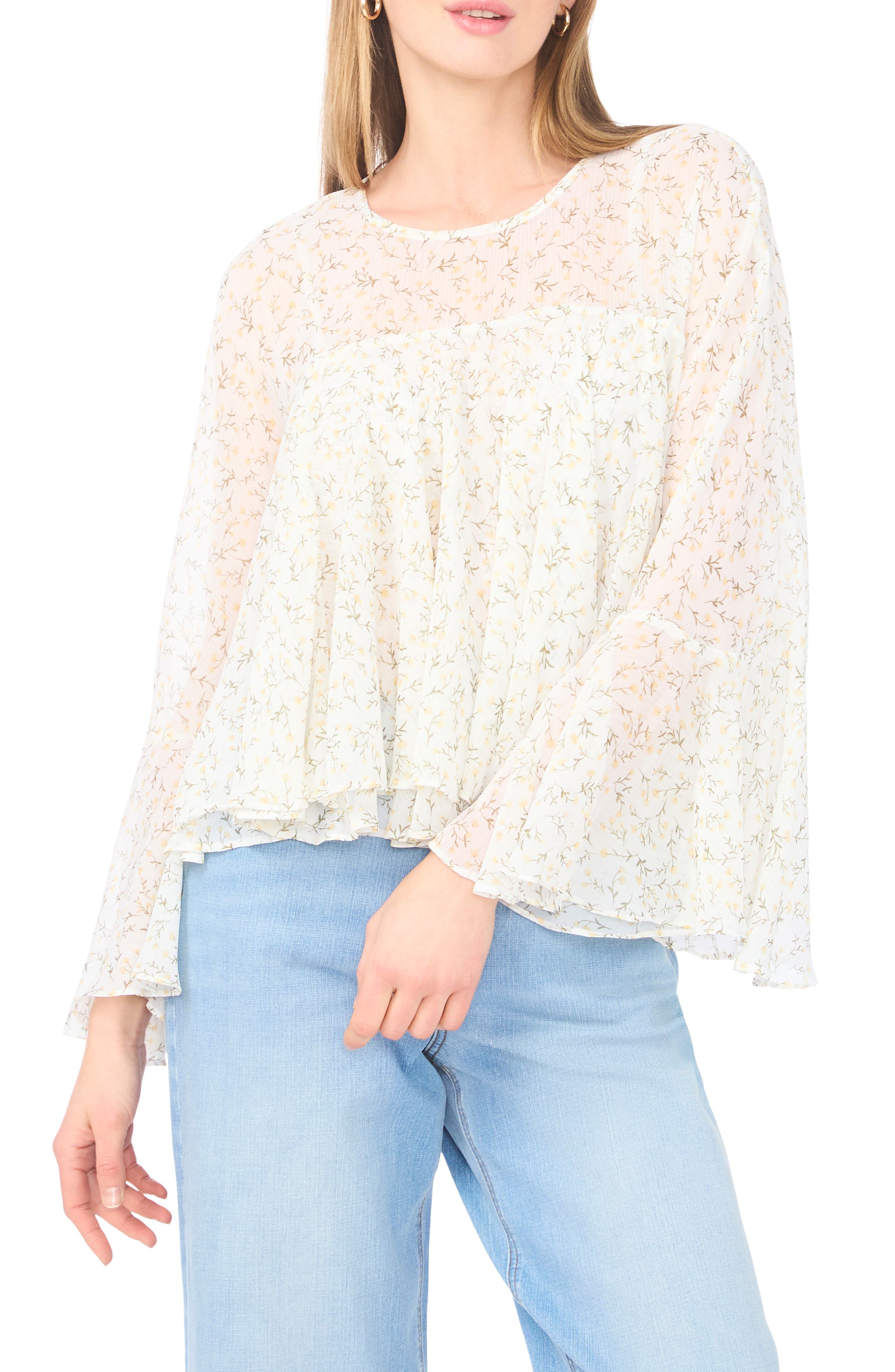 Floral Long Bell Sleeve Ruffle Top - image 1