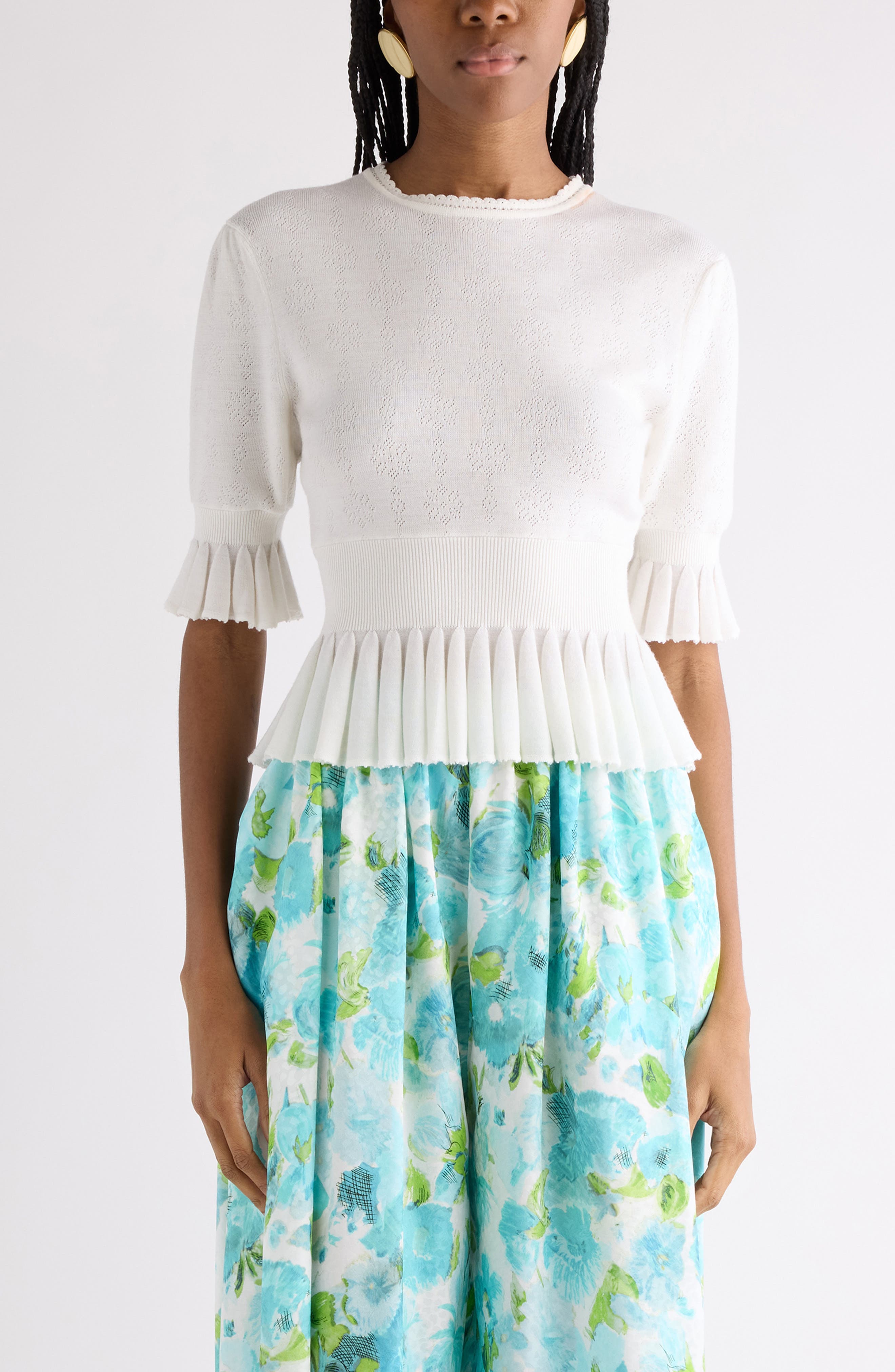 Ruffle Prim Pointelle Crop Wool Sweater - image 1