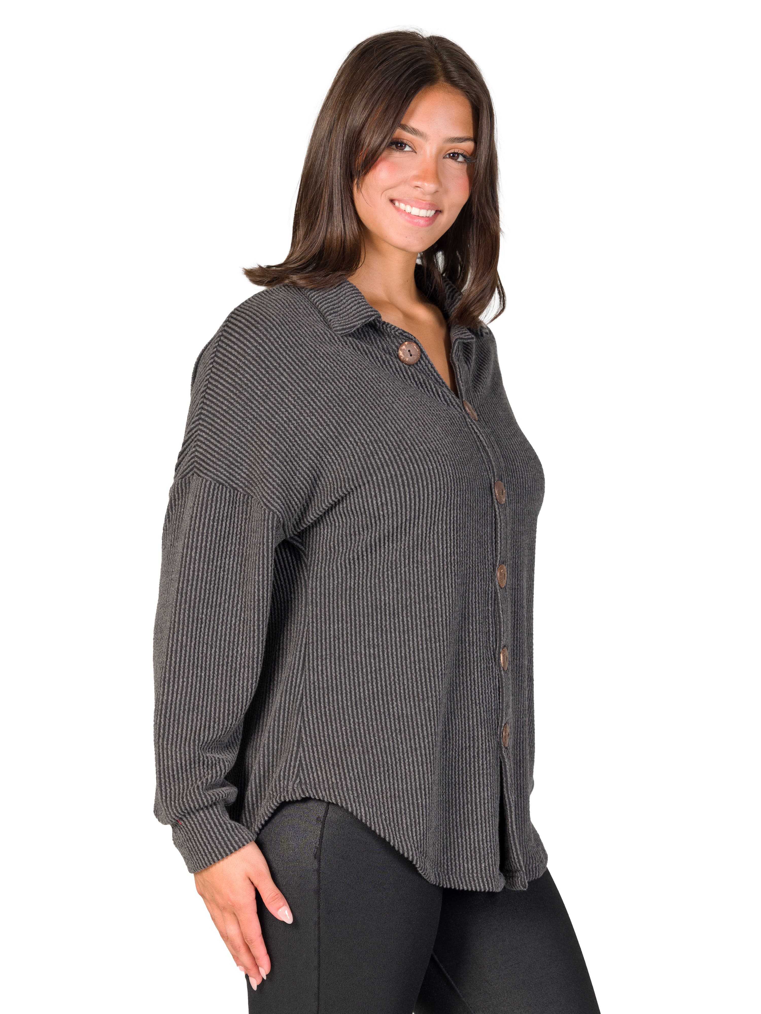 Ribbed Button Up Long Sleeve Collared Shirt Jacket - image 2
