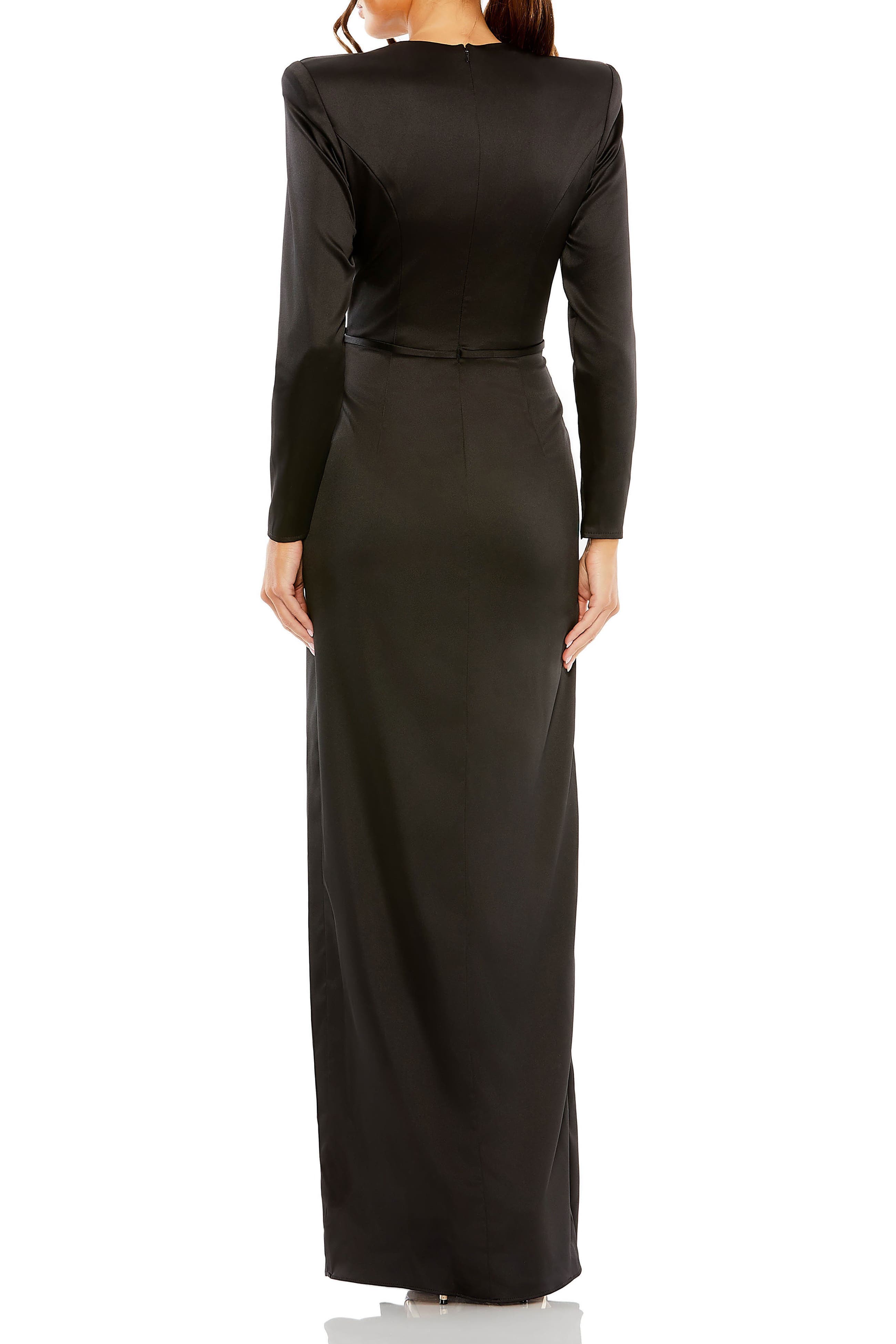 Petite Long Sleeve Satin Structured Bow Draped Column Gown - image 2