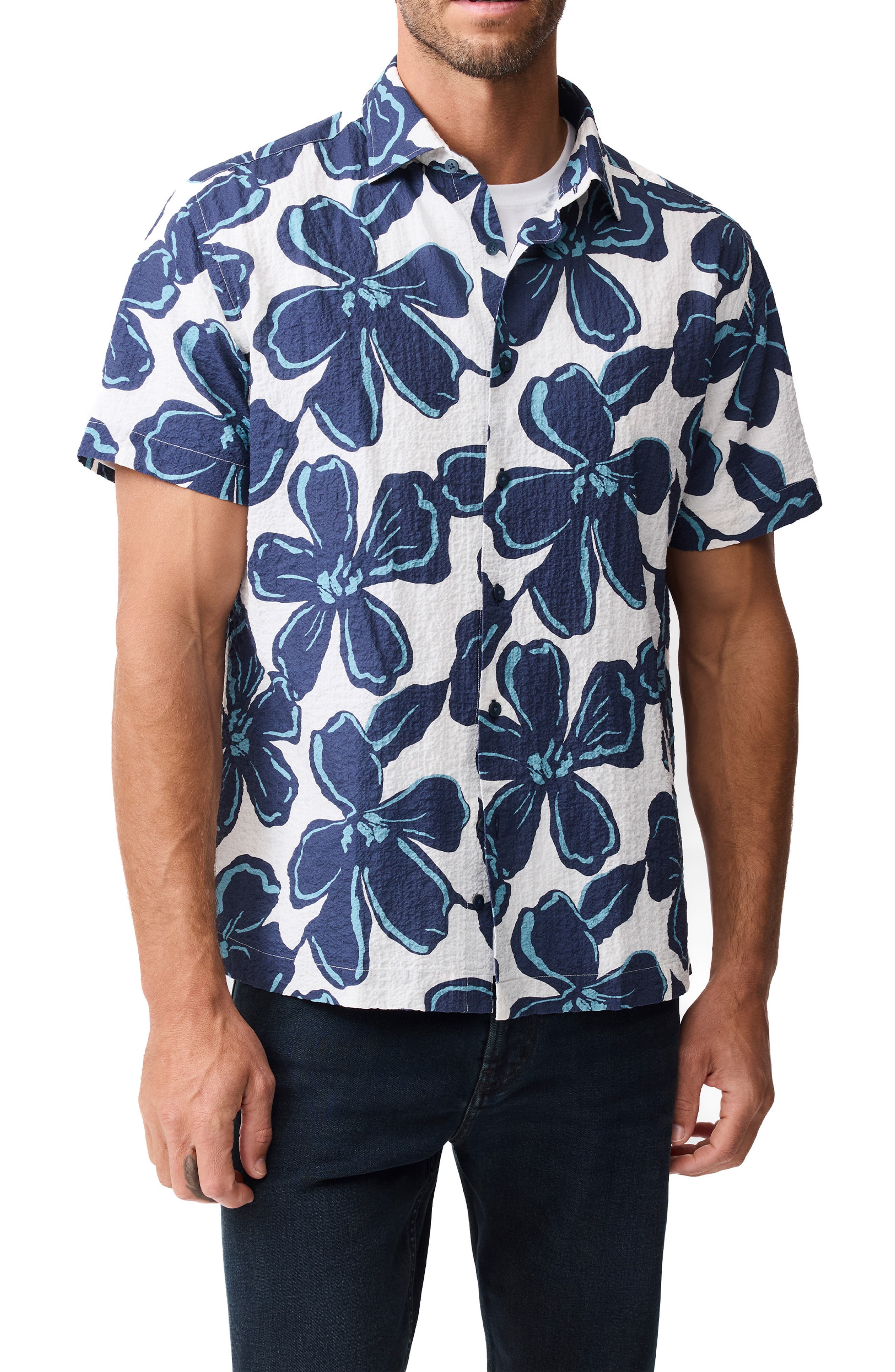 Hamilton Bay Weekend Fit Floral Short Sleeve Stretch Seersucker Button-Up Shirt - image 1