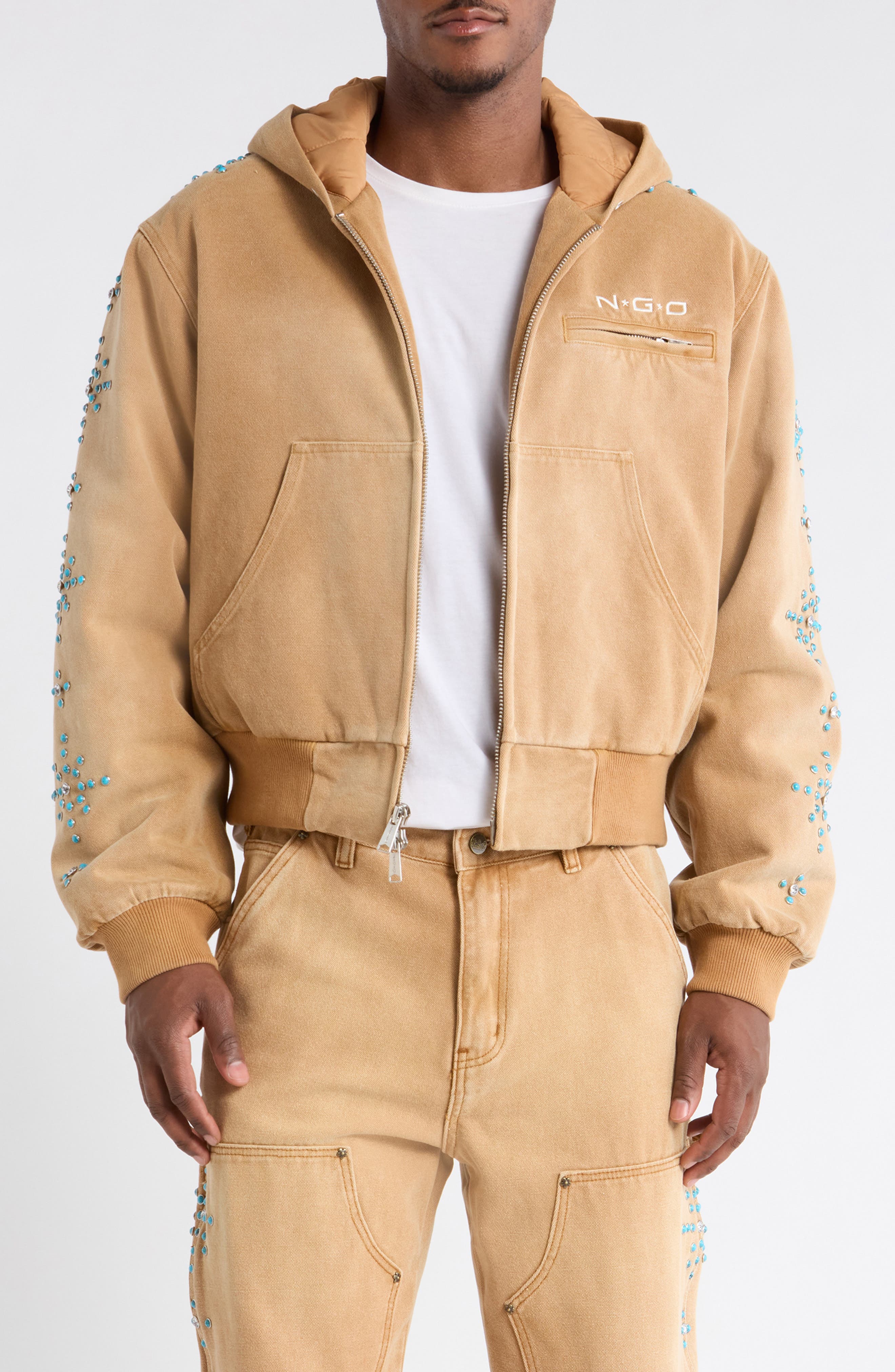 Turquoise Studded Cotton Canvas Hooded Jacket - image 1