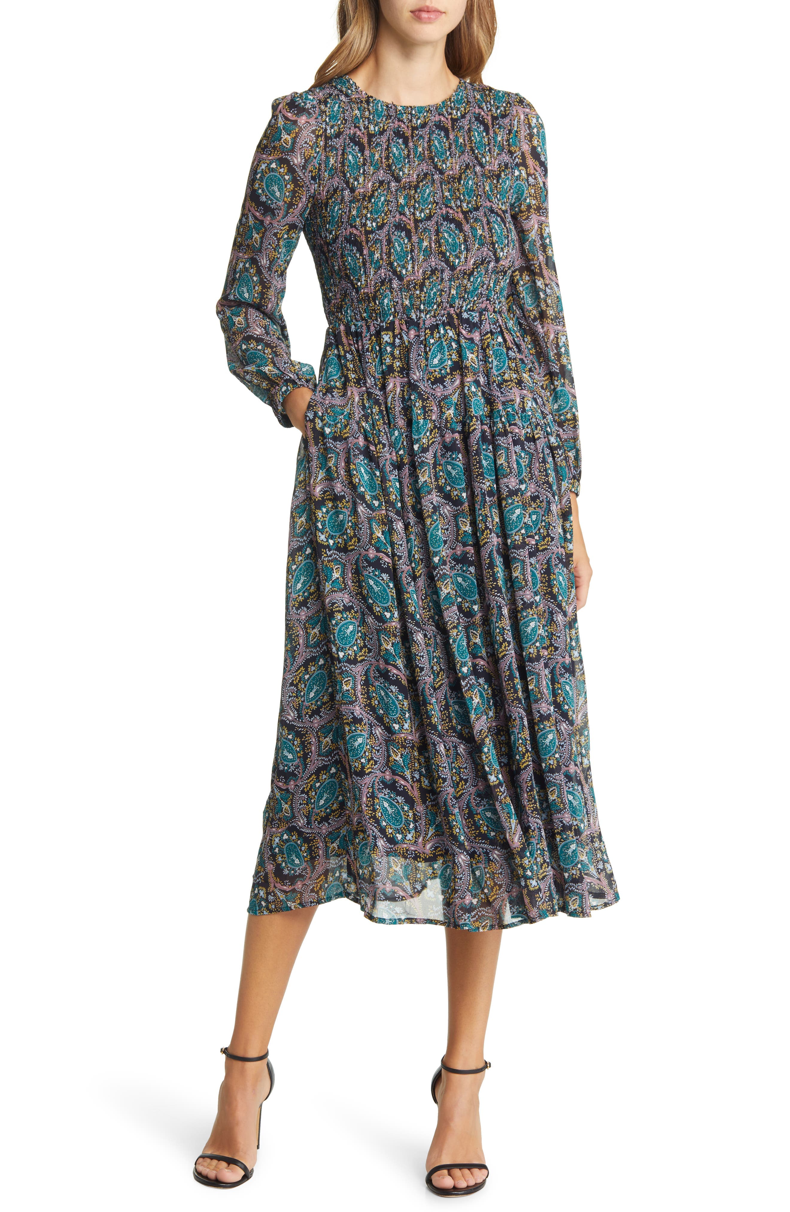 Paisley Smocked Long Sleeve Midi Dress - image 1