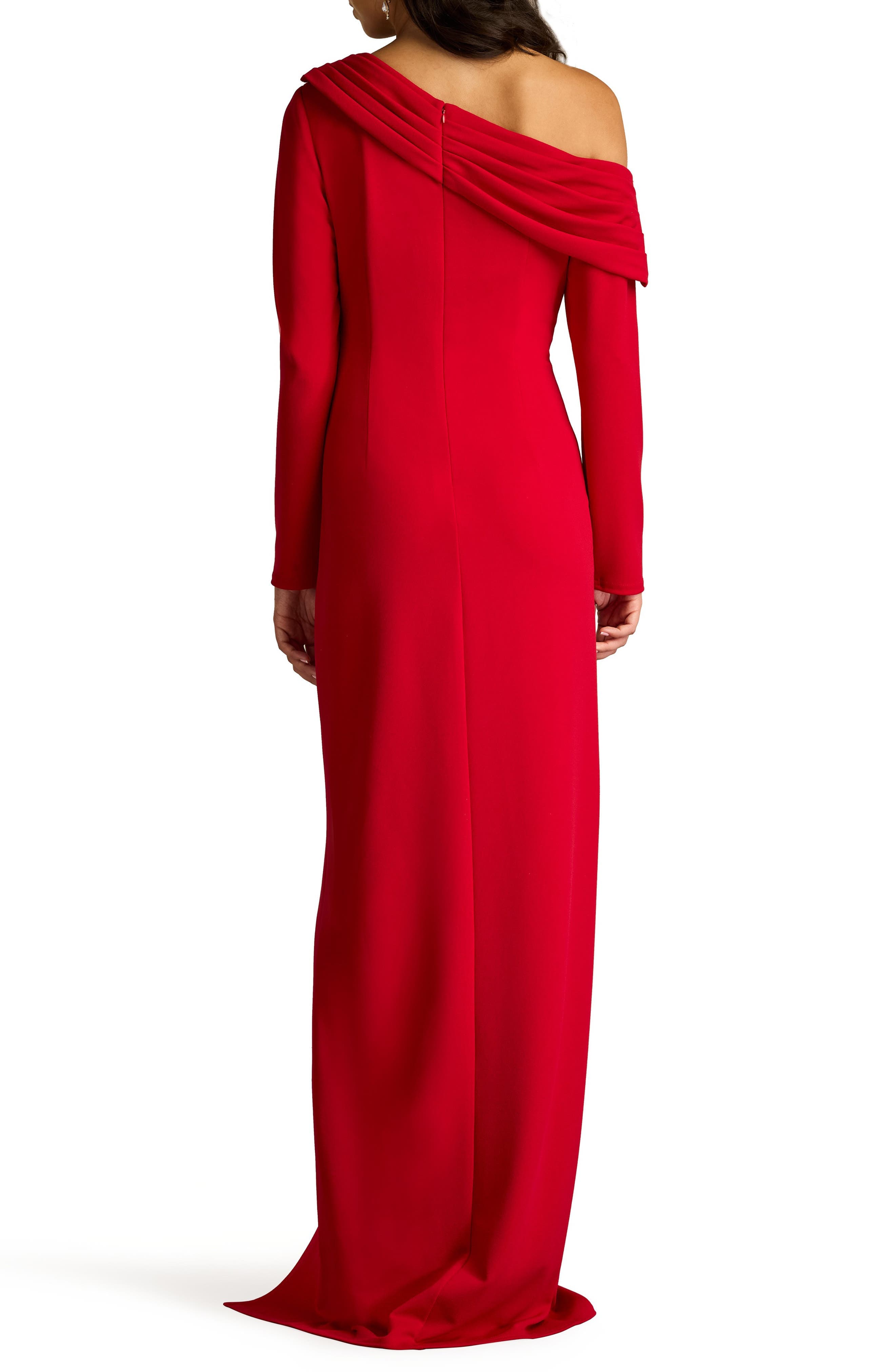 Pleated One-Shoulder Long Sleeve Crepe Gown - image 2