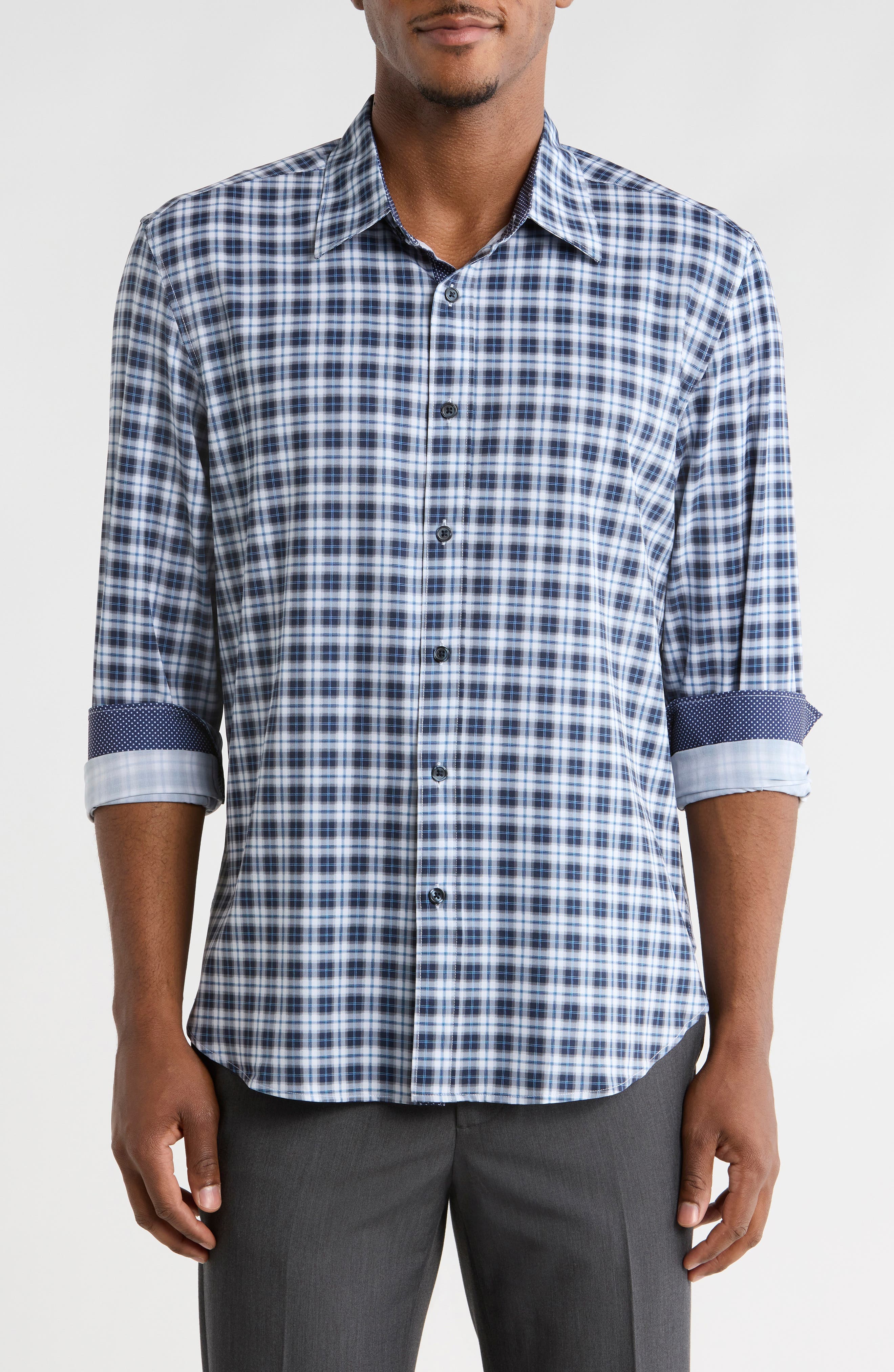Slim Fit Plaid 4-Way Stretch Button-Up Shirt - image 1