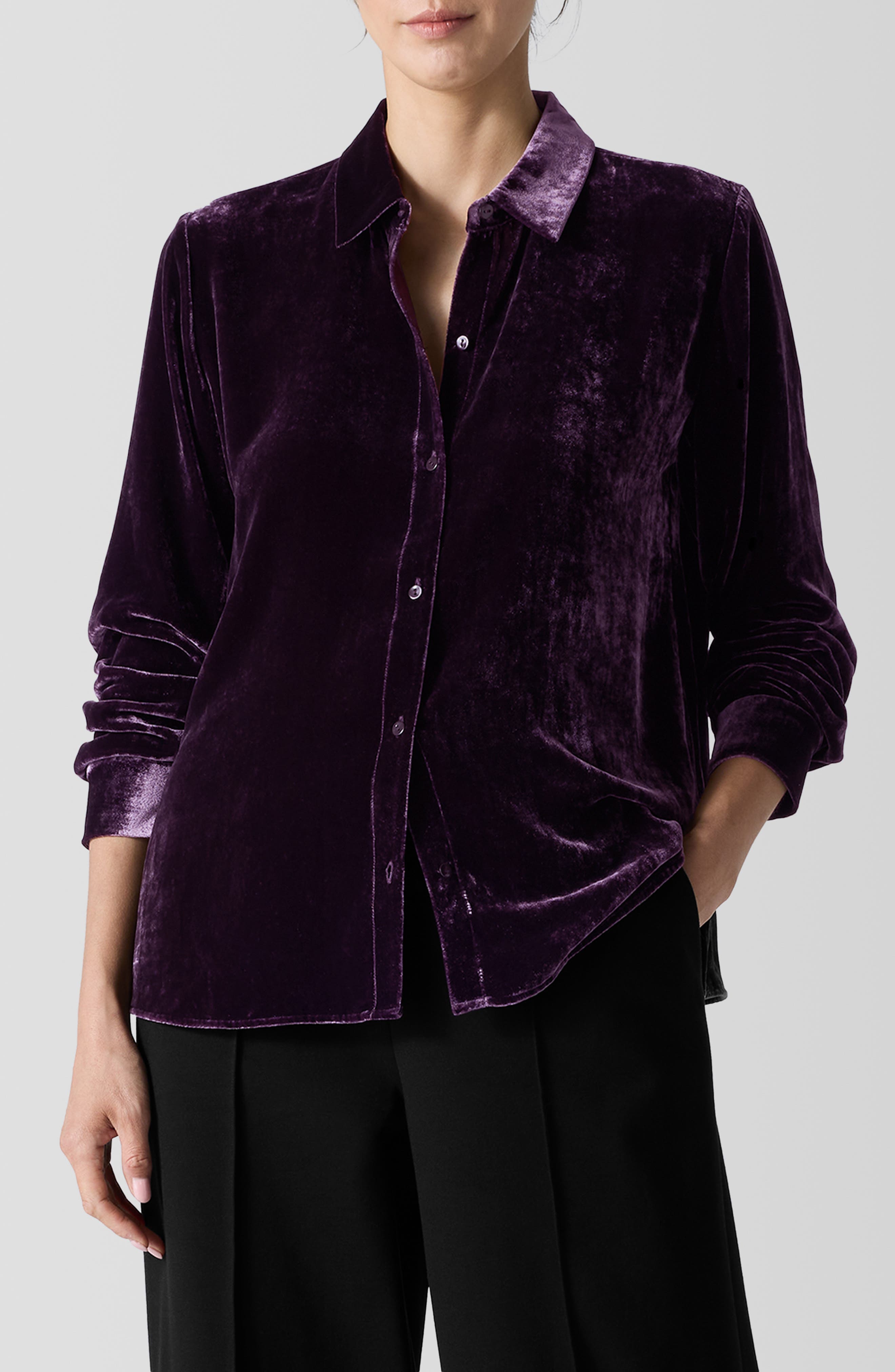 Classic Collar Easy Velvet Button-Up Shirt - image 1