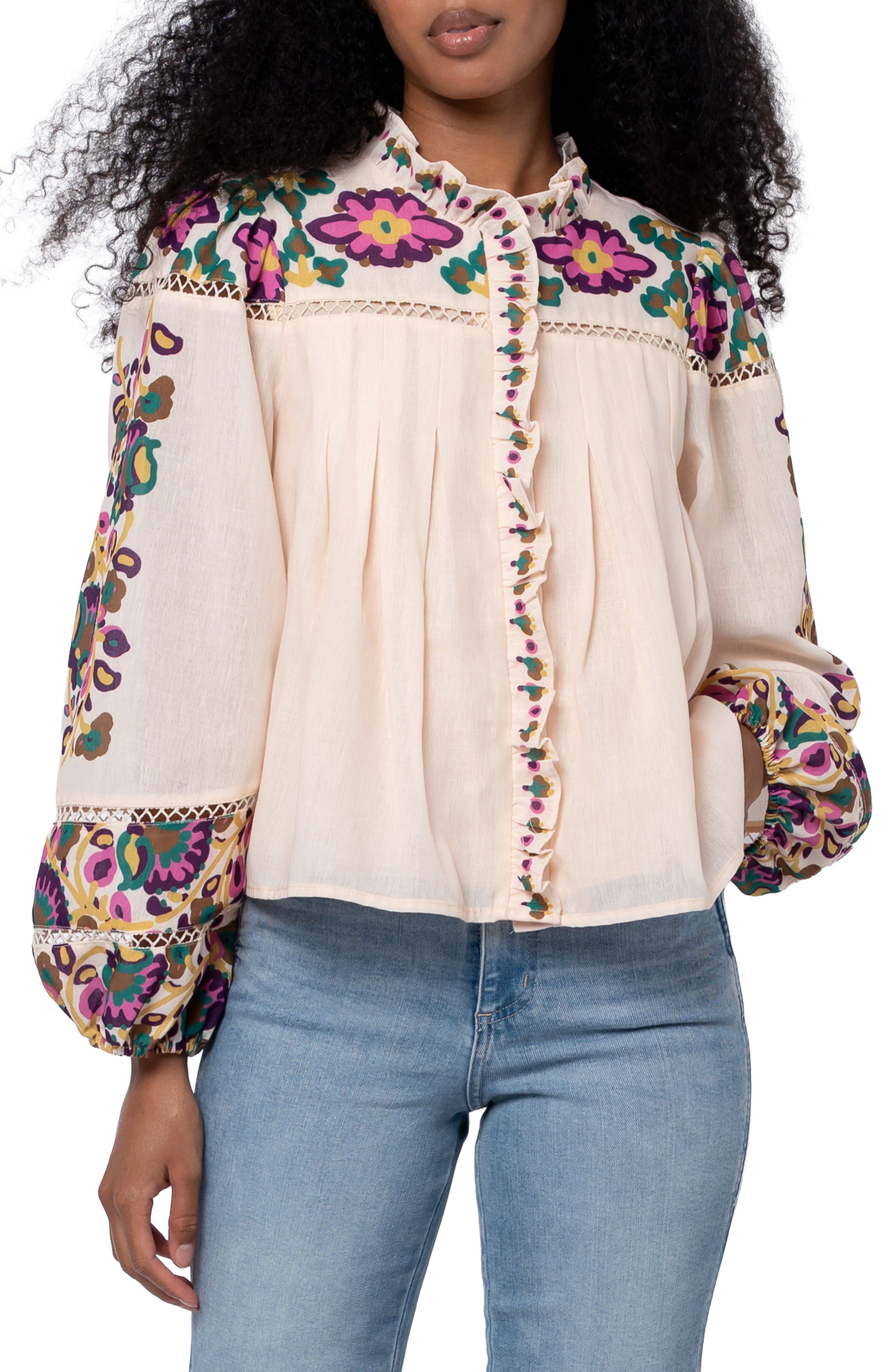 Isme Placed Floral Ruffle Placket Button-Up Shirt - image 1