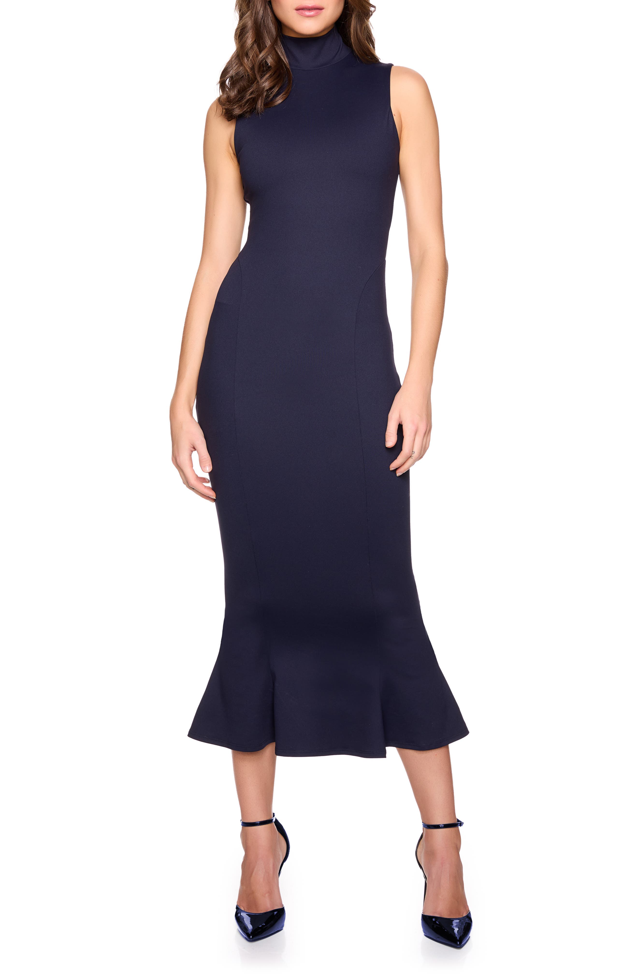 Mock Neck Trumpet Hem Midi Dress - image 1