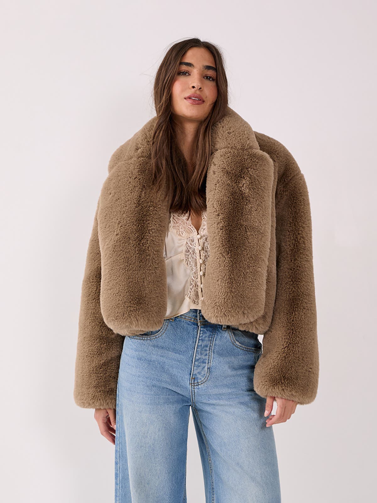 Cropped Collar Faux Fur Jacket - image 1