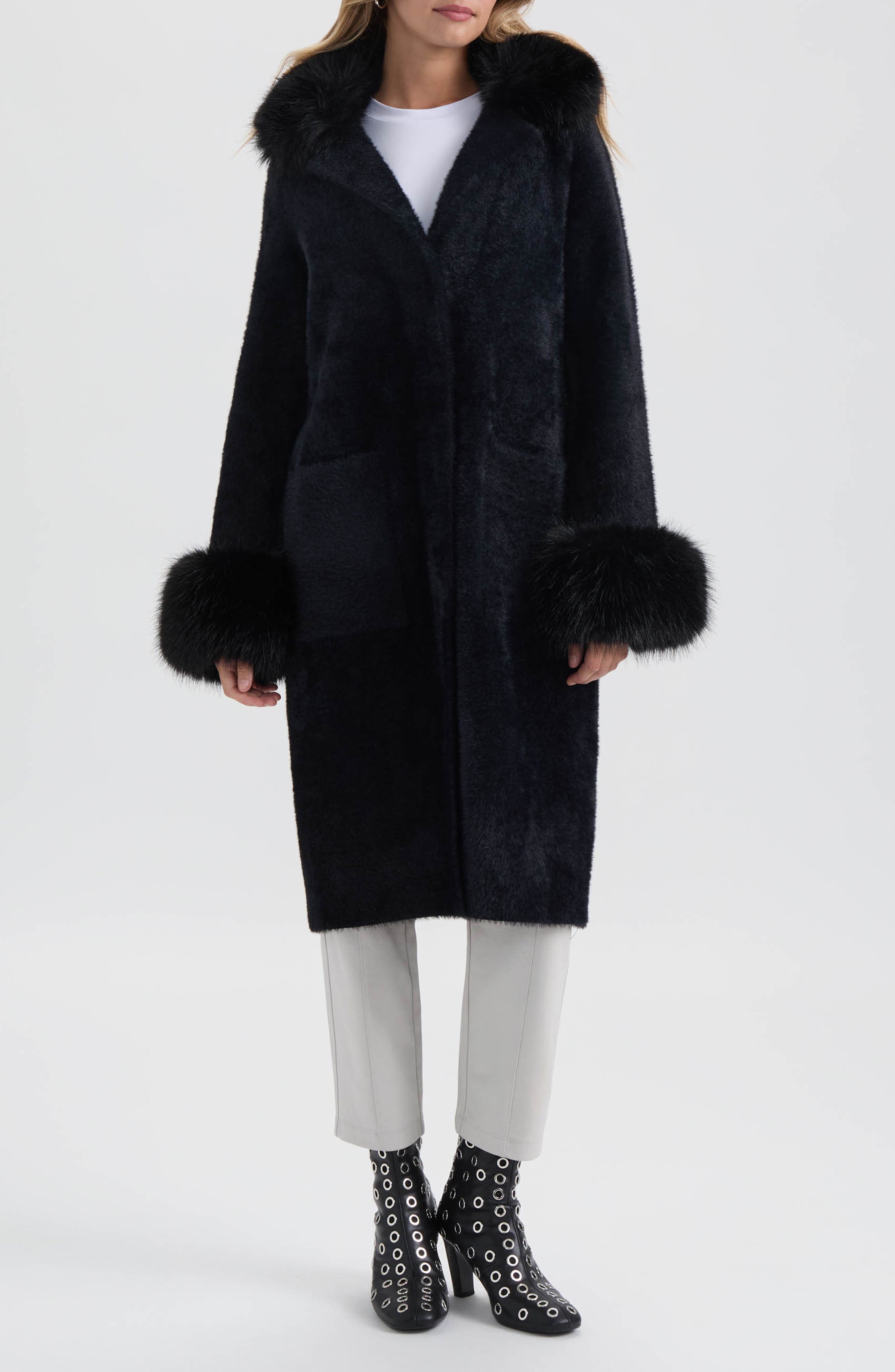 Faux Fur Trim Longline Sweater Coat - image 1