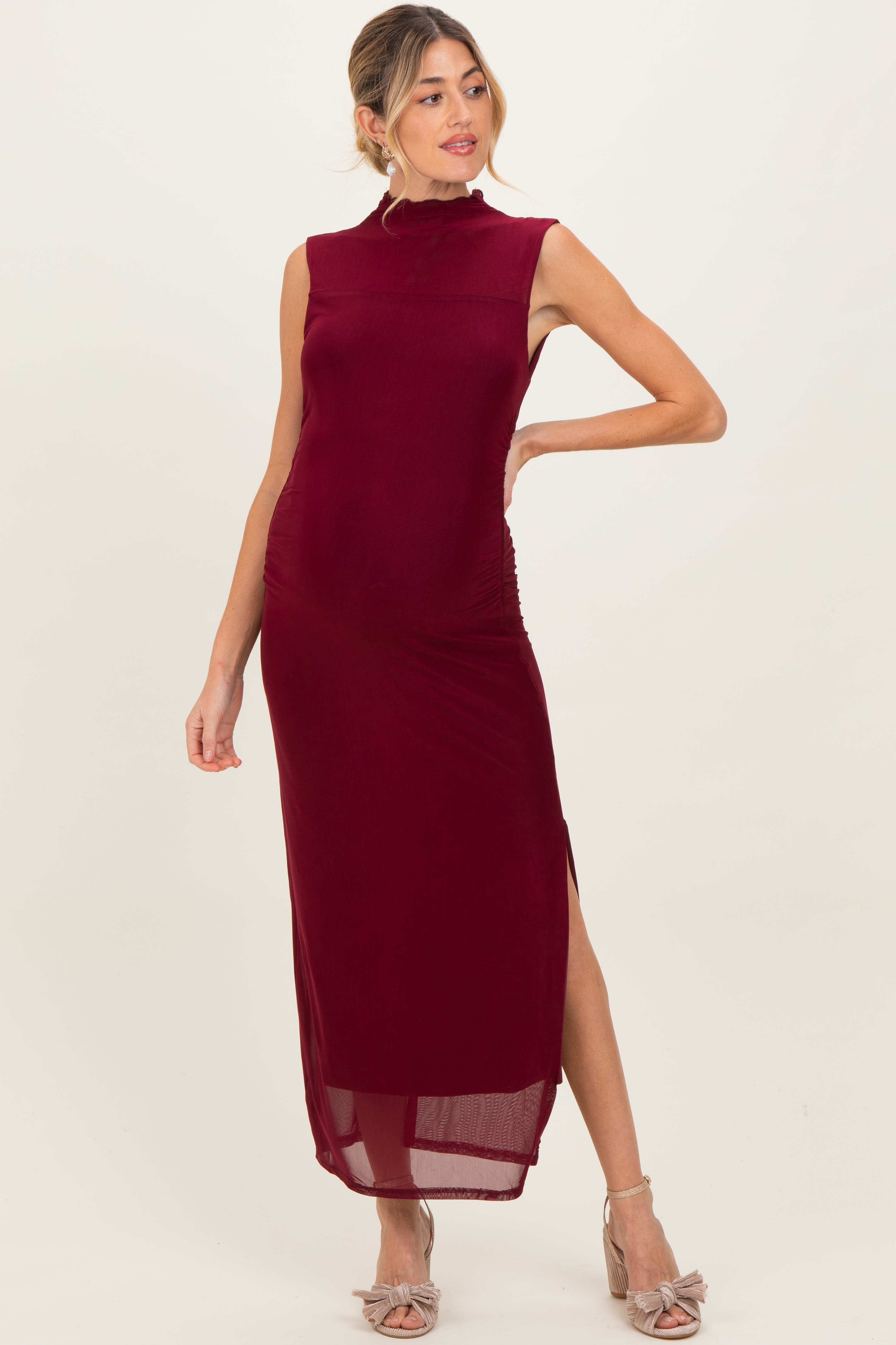 Mock Neck Ruched Mesh Midi Dress - image 1