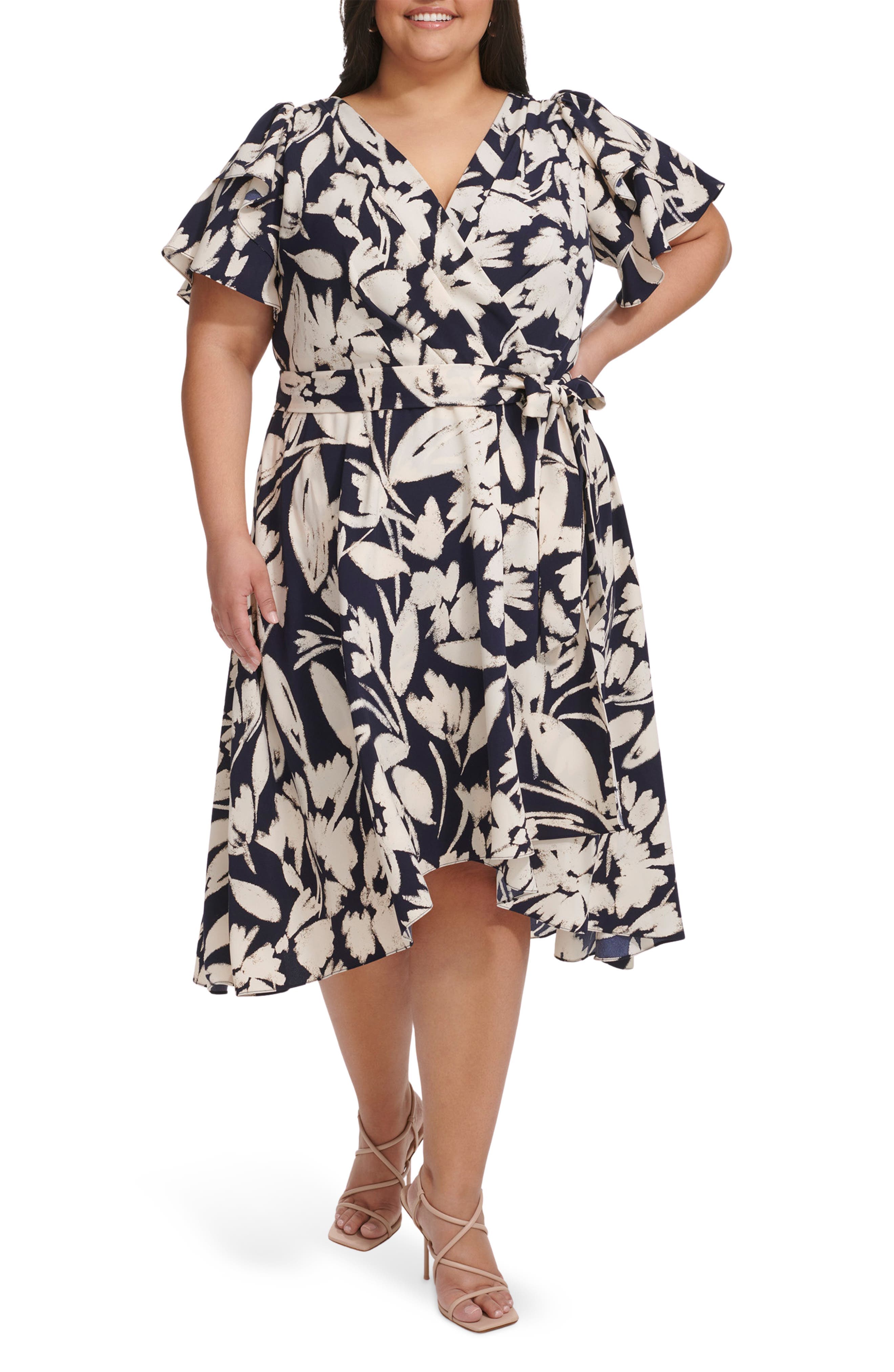 Double Flutter Sleeve Faux Wrap Dress - image 1