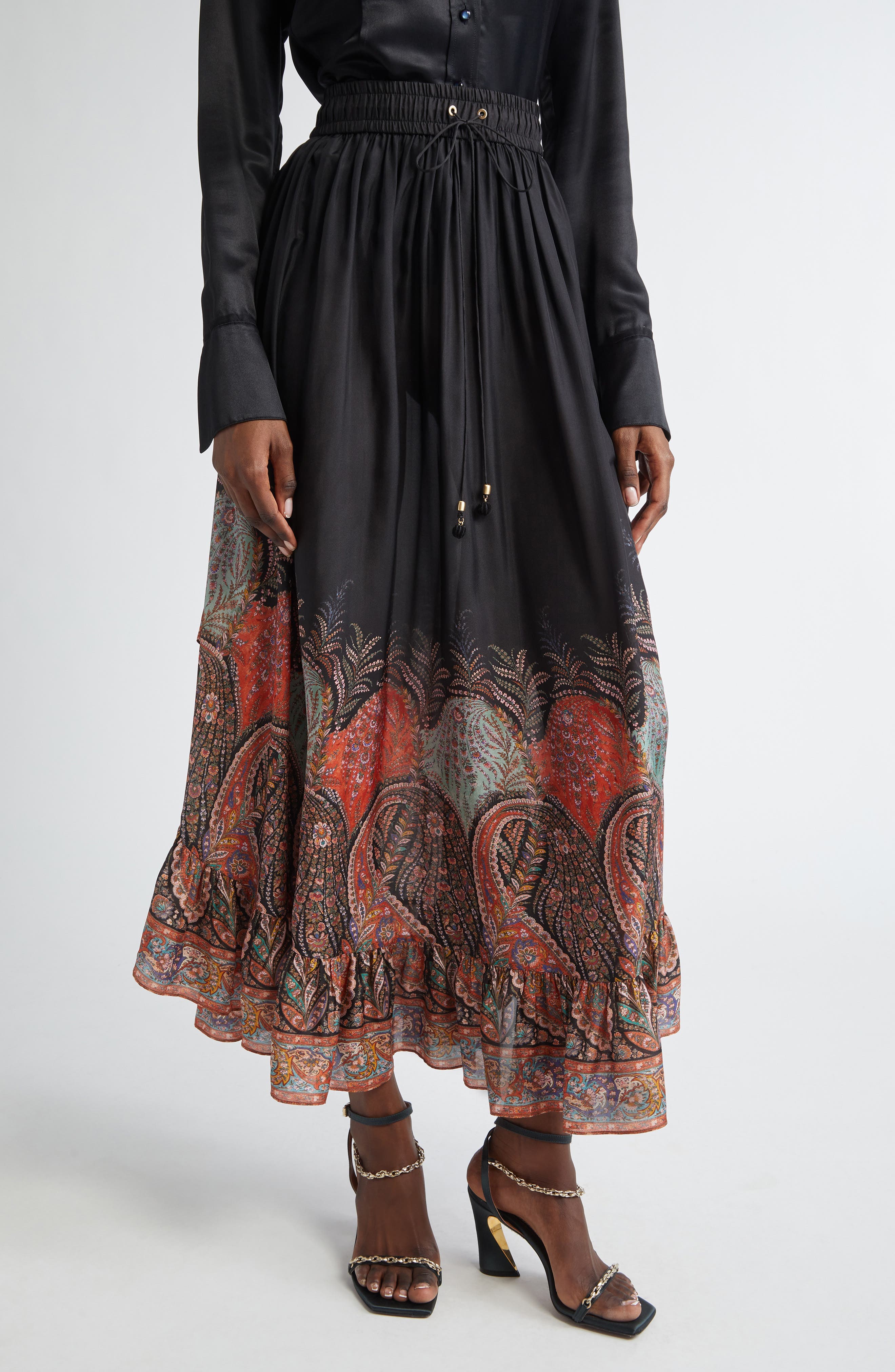 Rhiannon Paisley Print Ruffle Silk Maxi Skirt - image 1