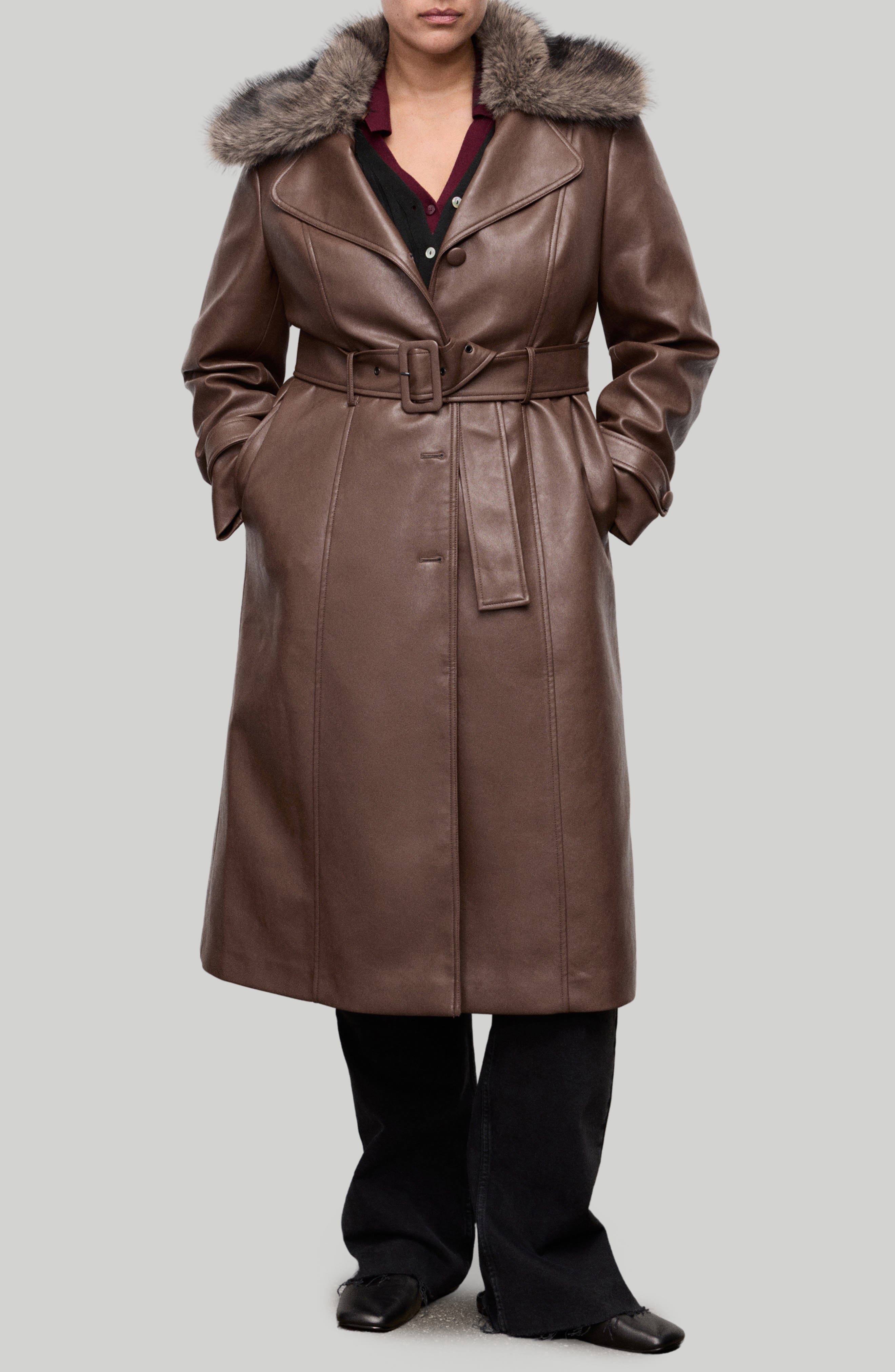 Fernanda Faux Leather Belted Coat with Removable Faux Fur Trim - image 1