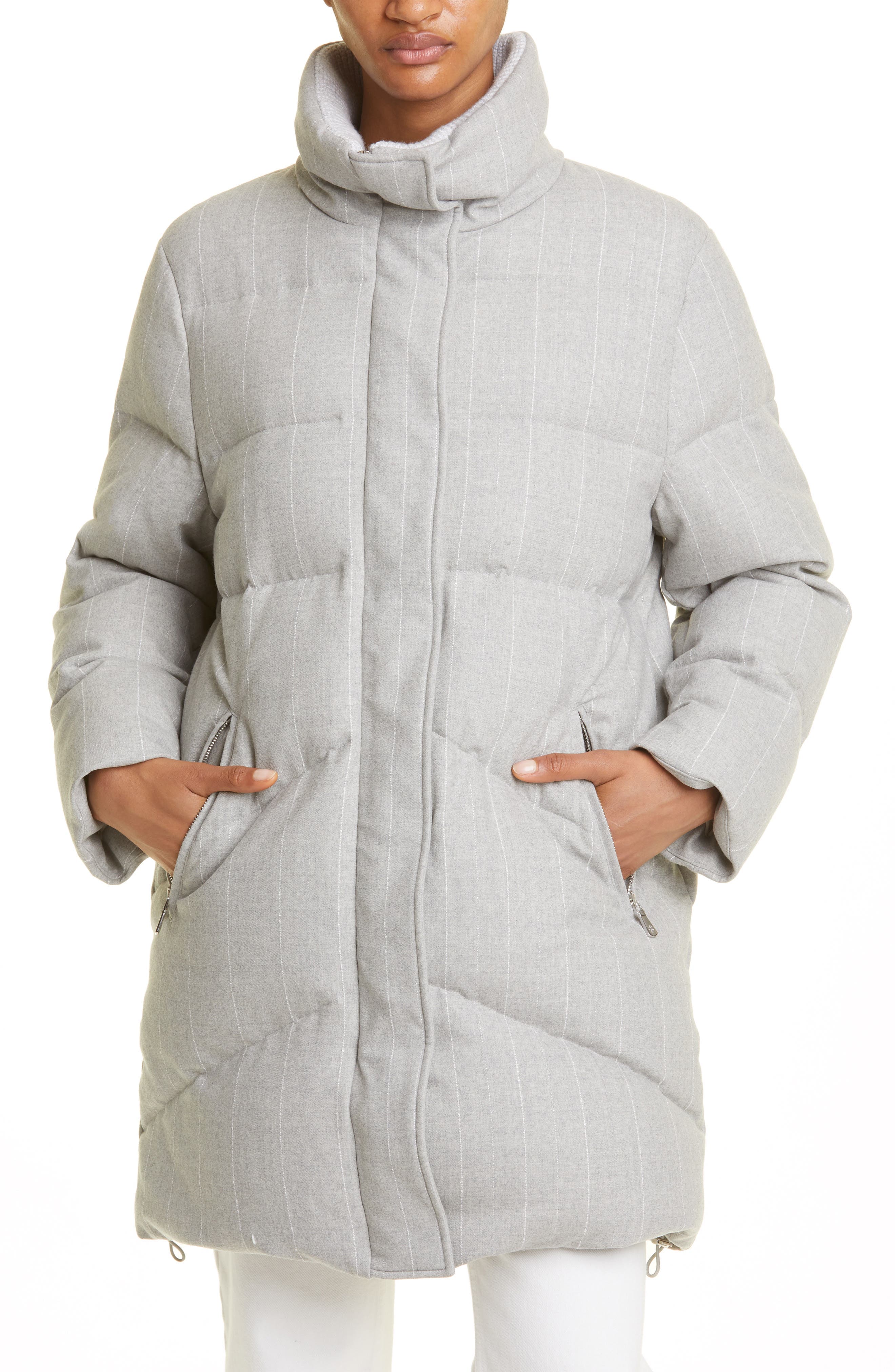 Pinstripe Wool Stretch Flannel Puffer Coat - image 1