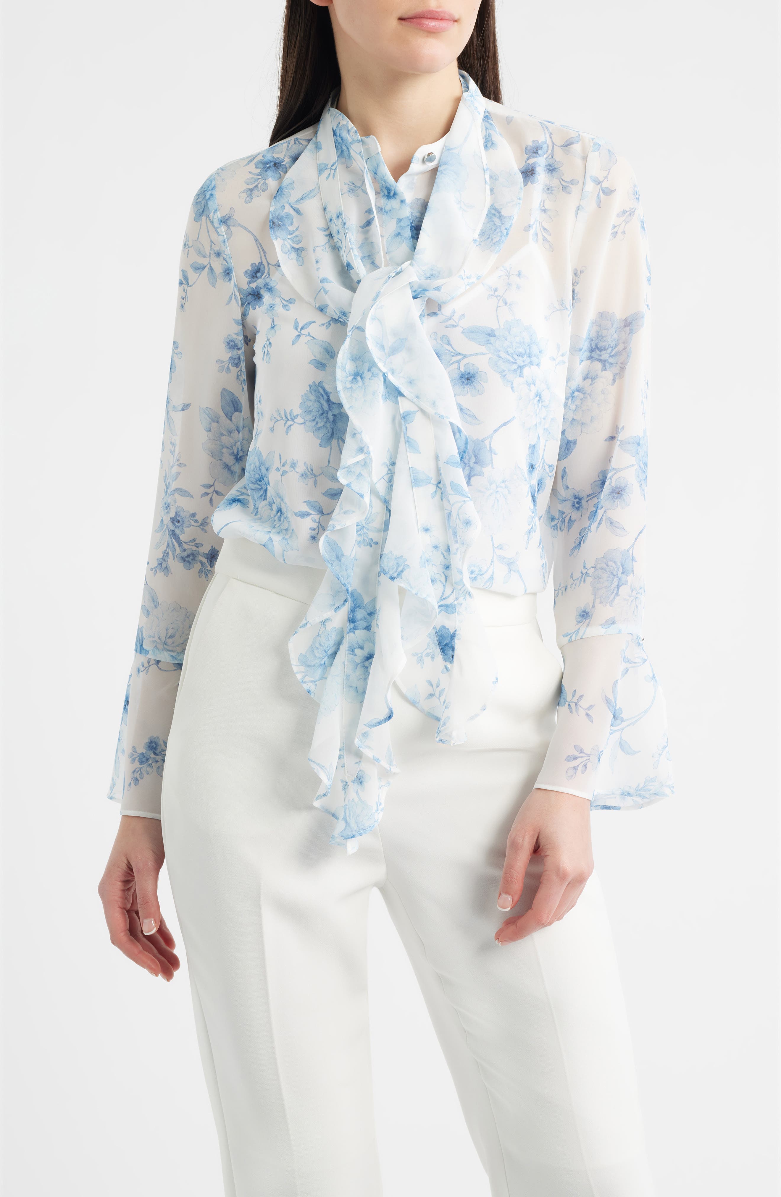 Floral Ruffle Tie Neck Top - image 1