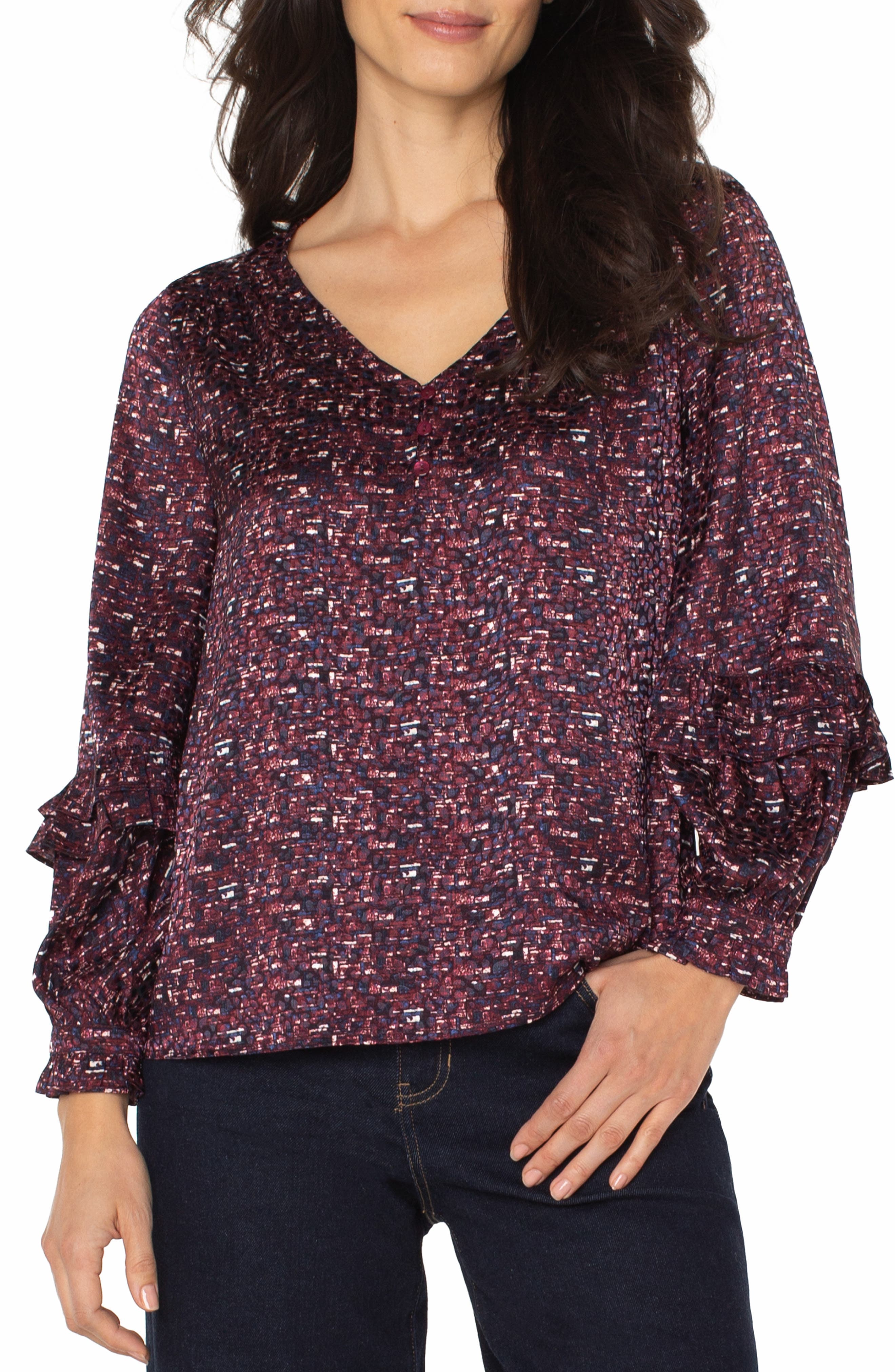Ruffle Balloon Sleeve Jacquard Top - image 1