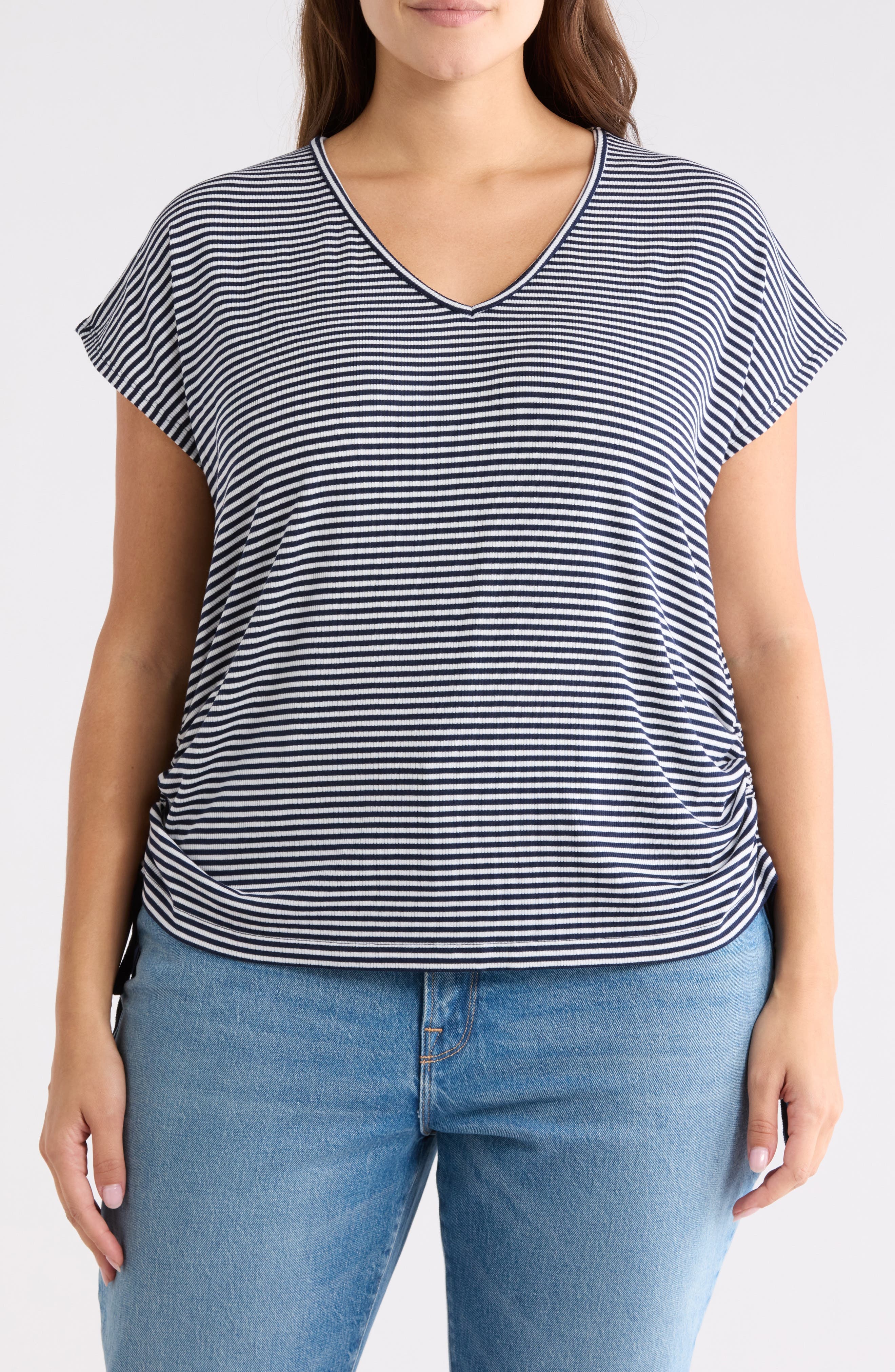 Stripe Cap Sleeve Cinch Side T-Shirt - image 3