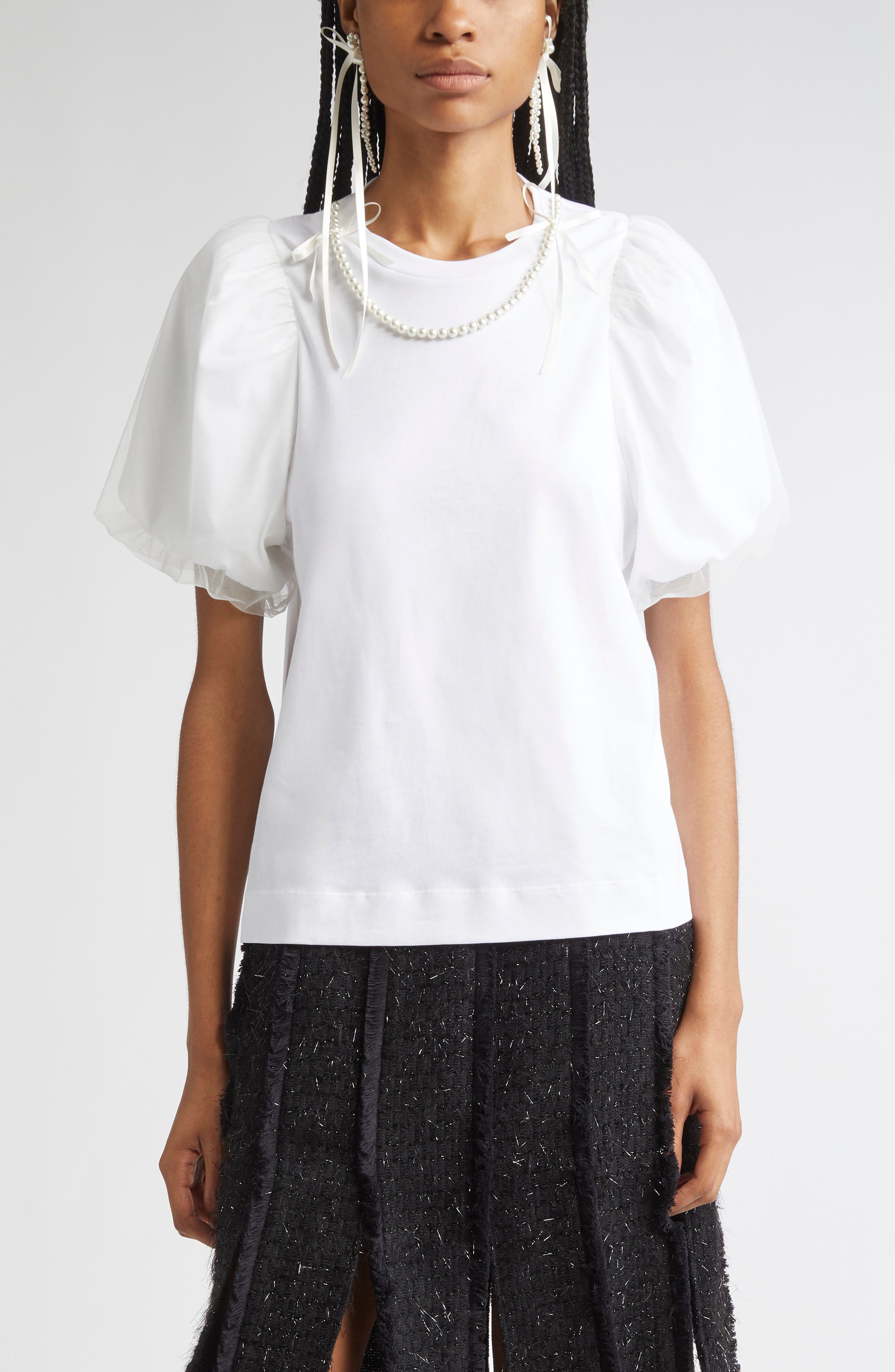 Tulle Overlay Puff Sleeve T-Shirt with Faux Pearl Trim - image 1