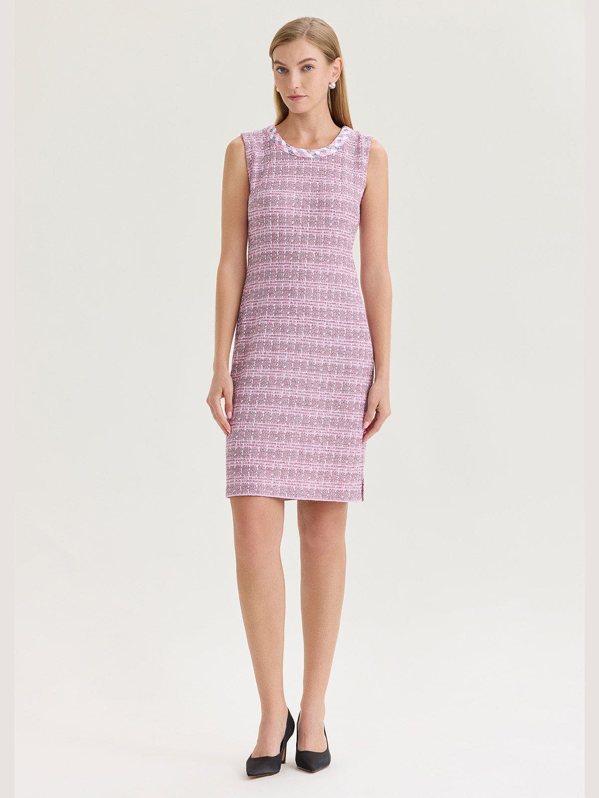 Braided Trim Tweed Knit Sheath Dress - image 1
