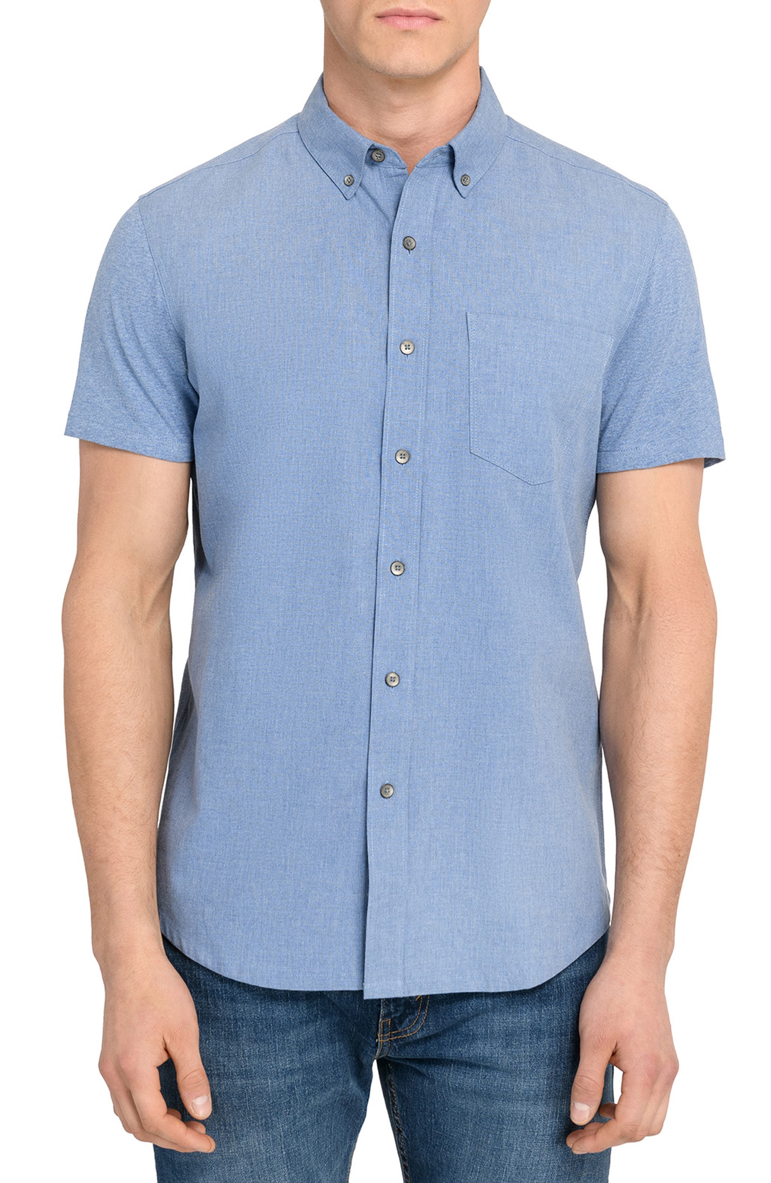 Reworked Slim Fit Solid Short Sleeve Cotton Button-Down Shirt - image 5