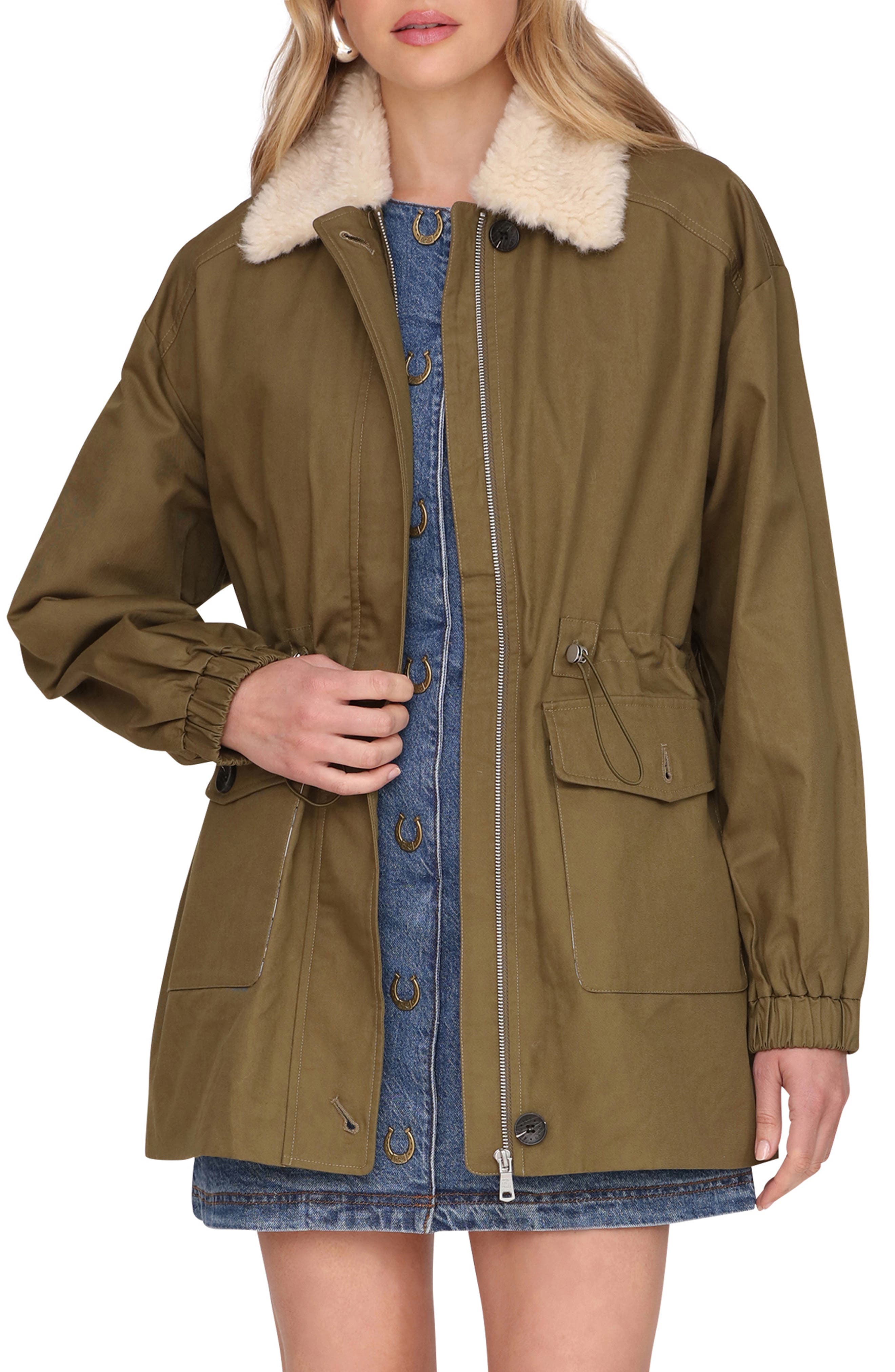 Cinched Cotton Jacket with Faux Shearling Collar - image 1