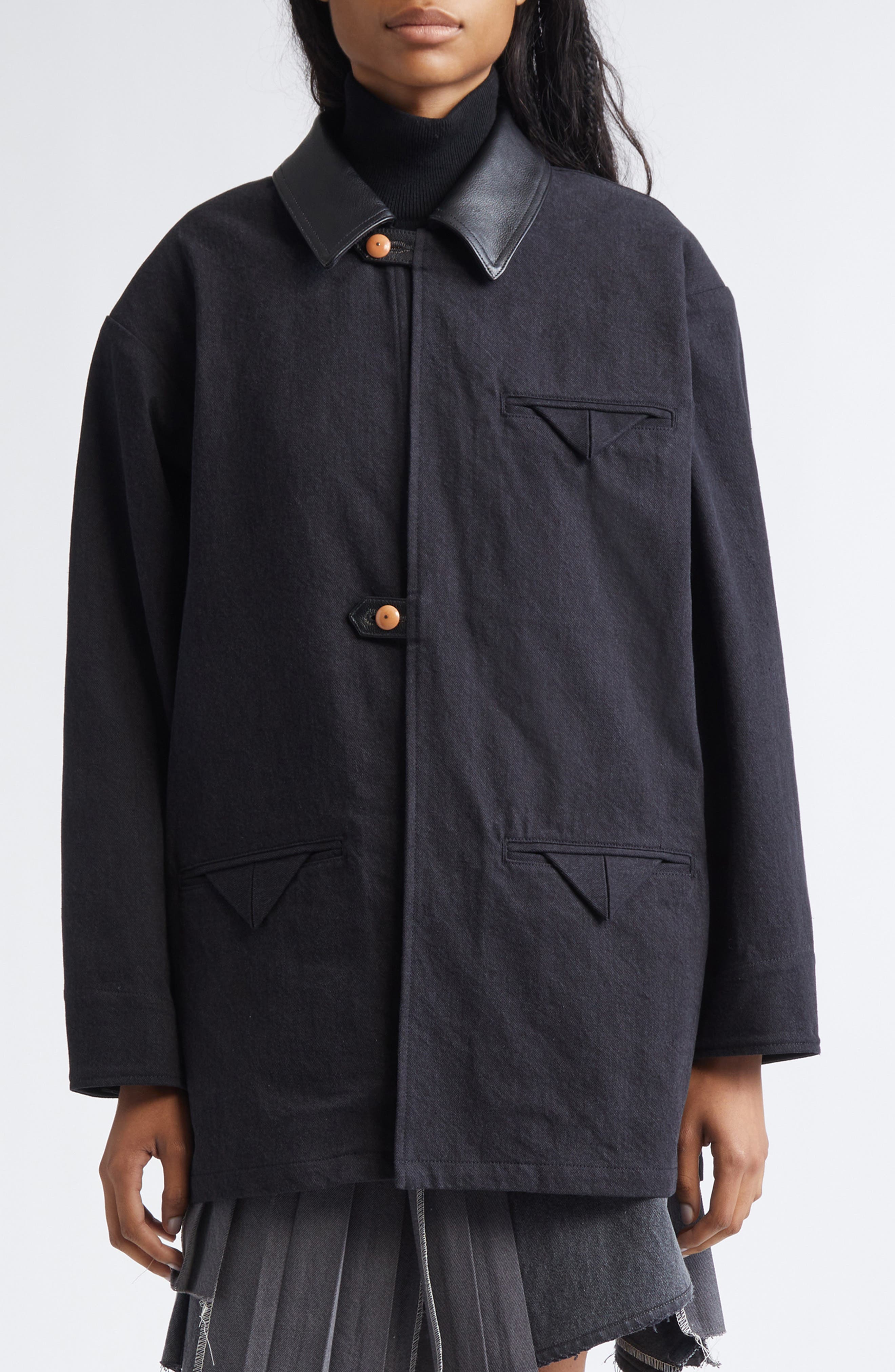 Leather Collar Denim Coat - image 1