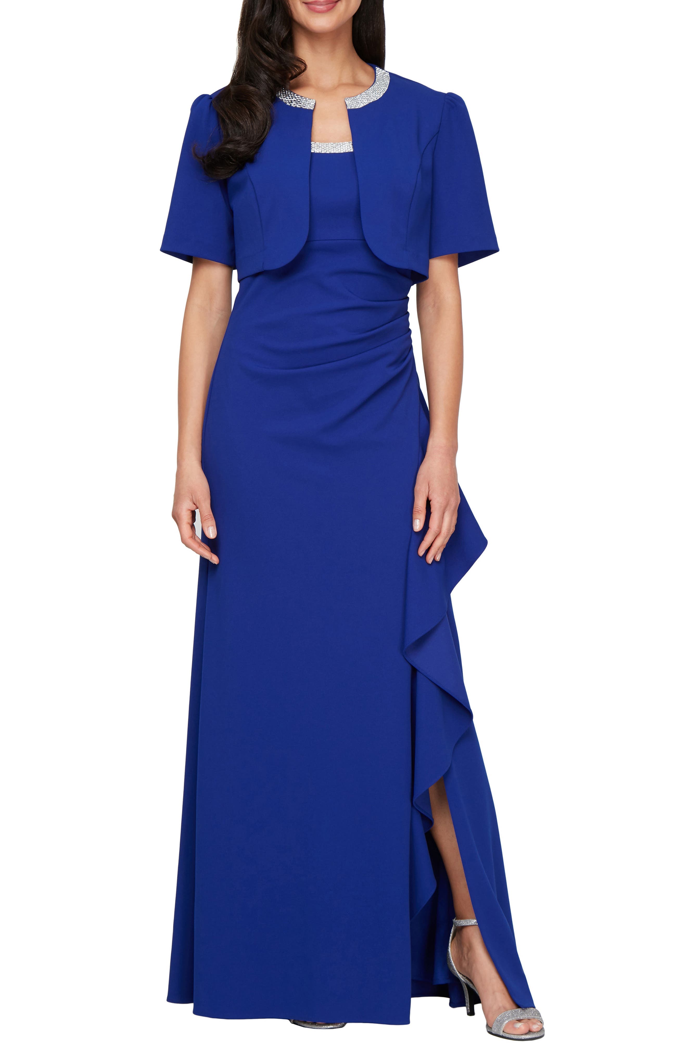 Bead Detail Stretch Crepe Gown with Bolero Jacket - image 1