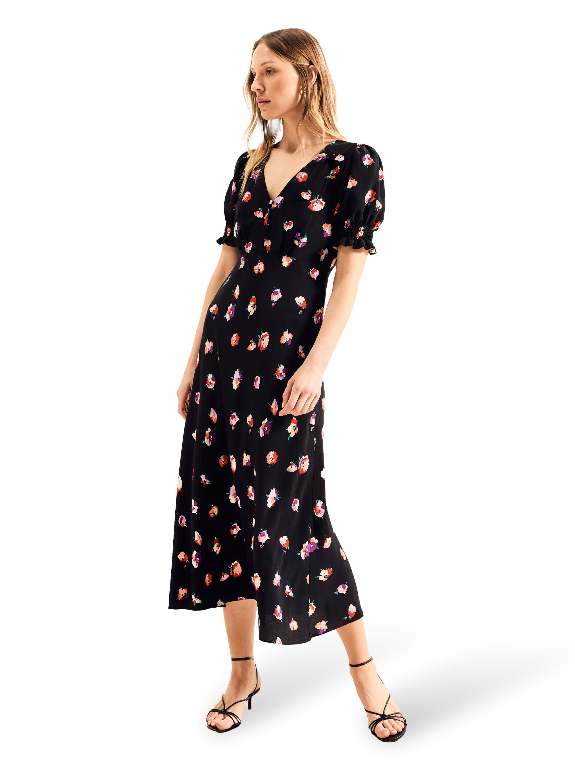 Pansy Print Shirred Cuff Midi Dress - image 1