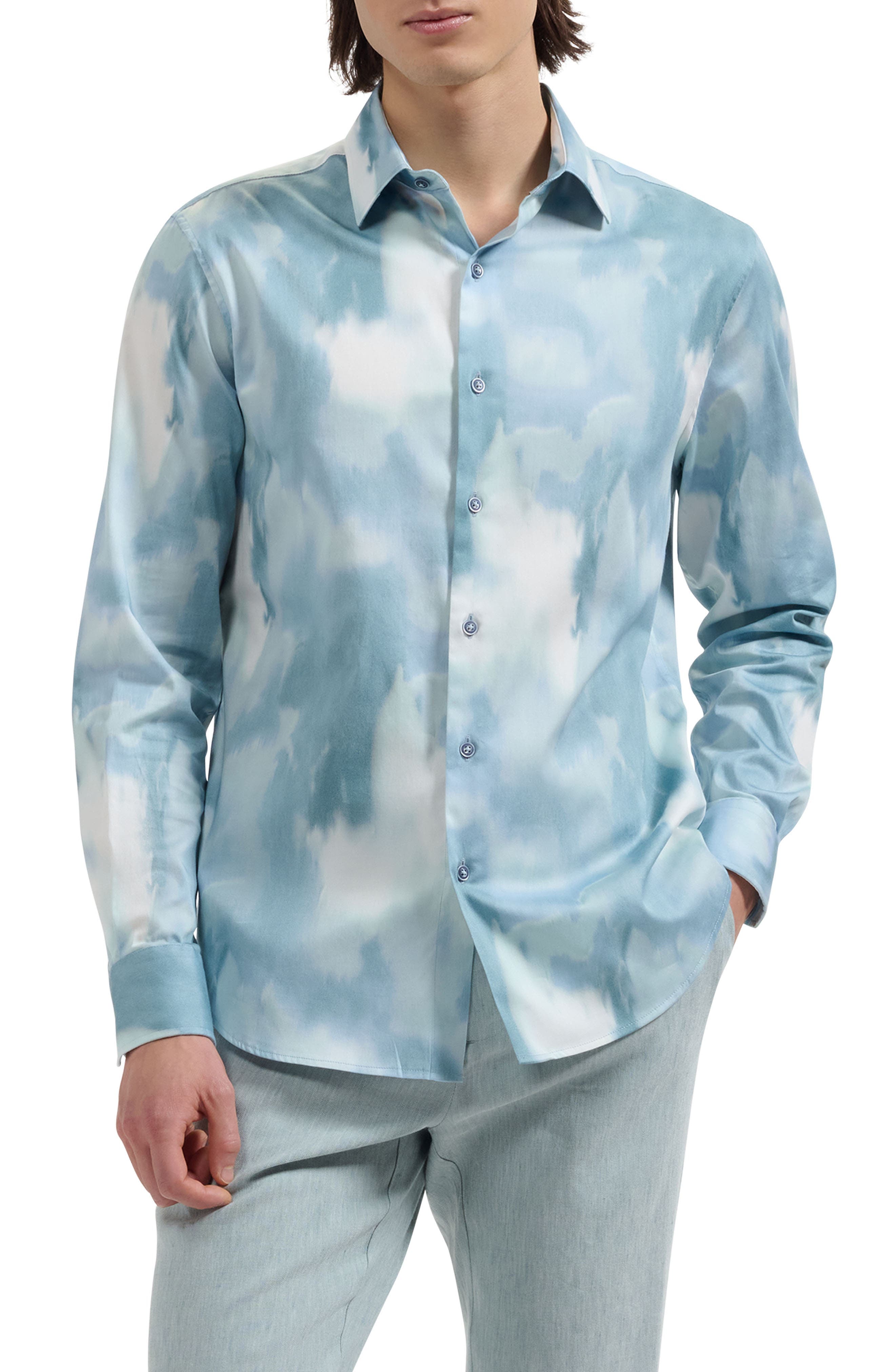 Julian Shaped Fit Cloud Print Stretch Cotton Button-Up Shirt - image 1