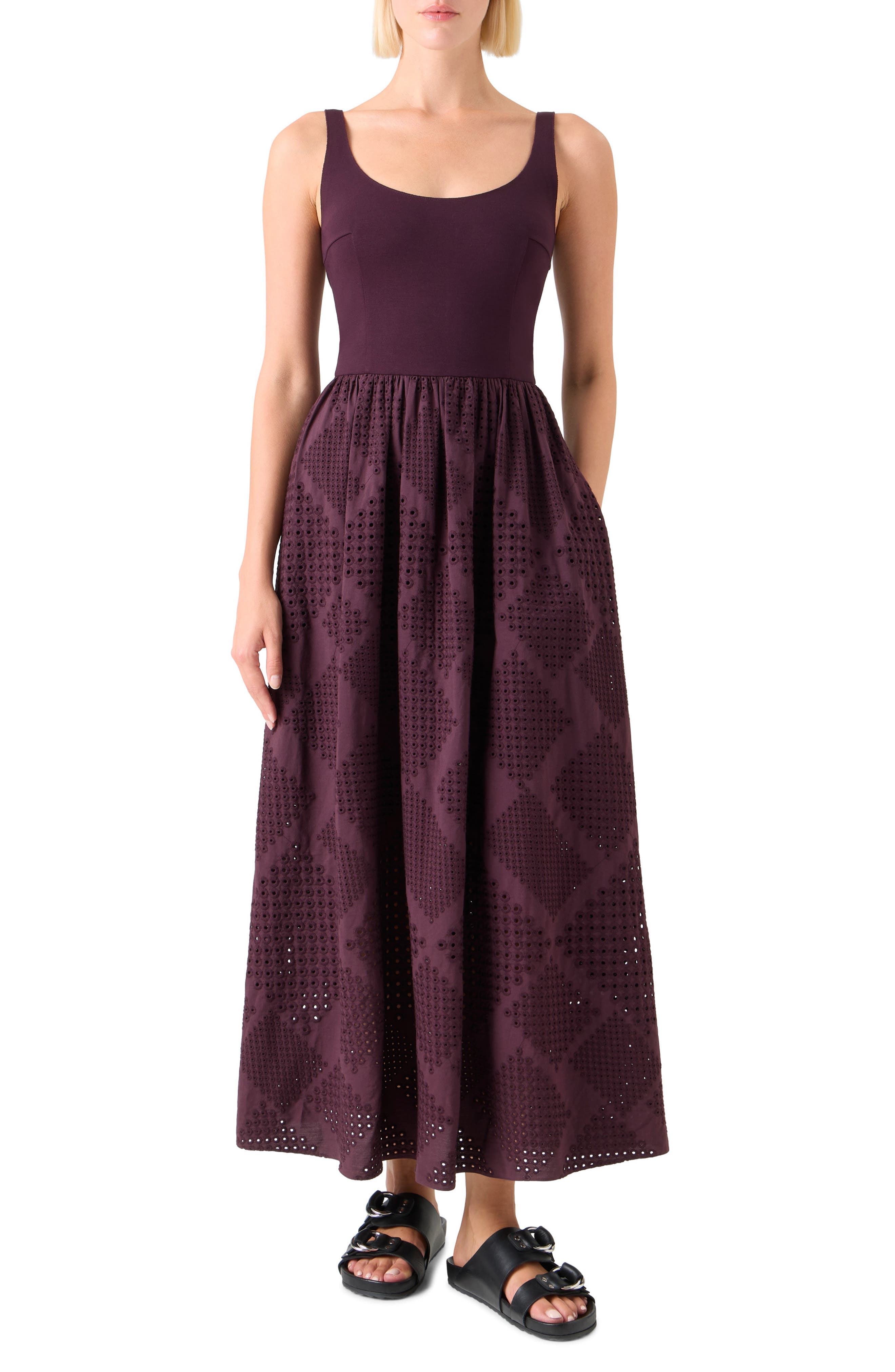 Mixed Media Diamond Eyelet Belted Midi Dress - image 1