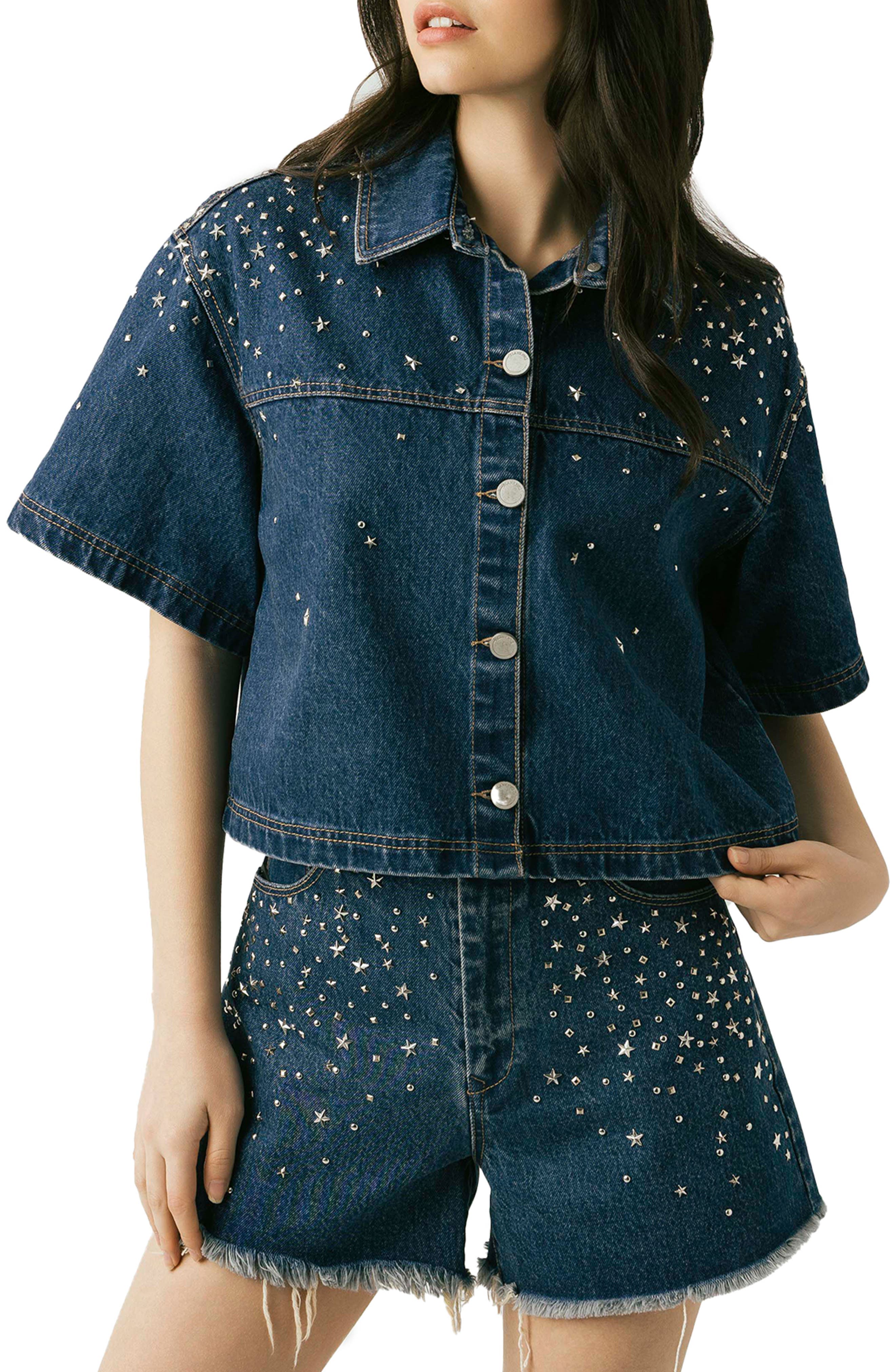 Stud Detail Elbow Sleeve Denim Button-Up Shirt - image 1