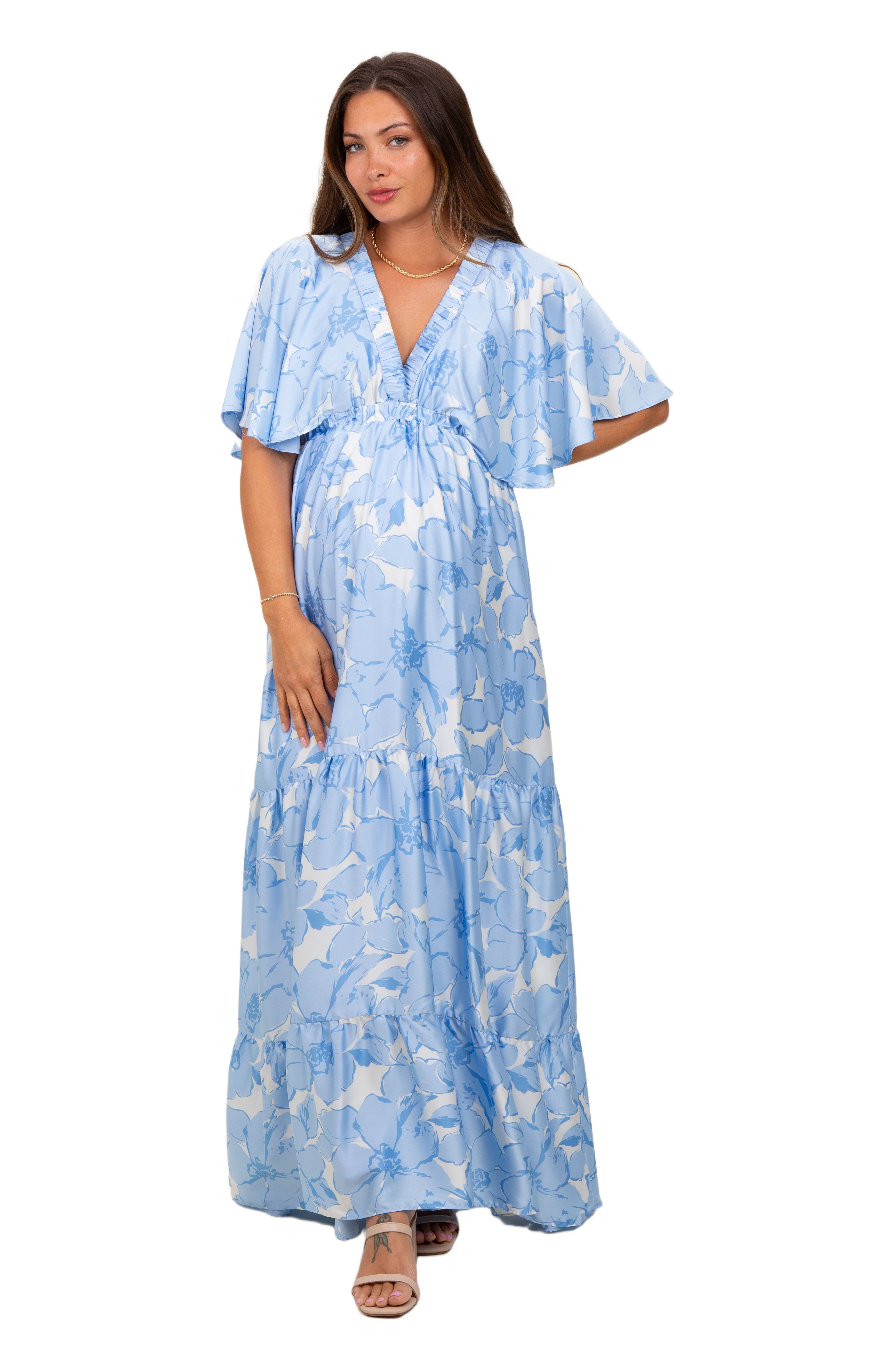 Floral Short Sleep Deep V-Neck Tiered Maxi Dress - image 2