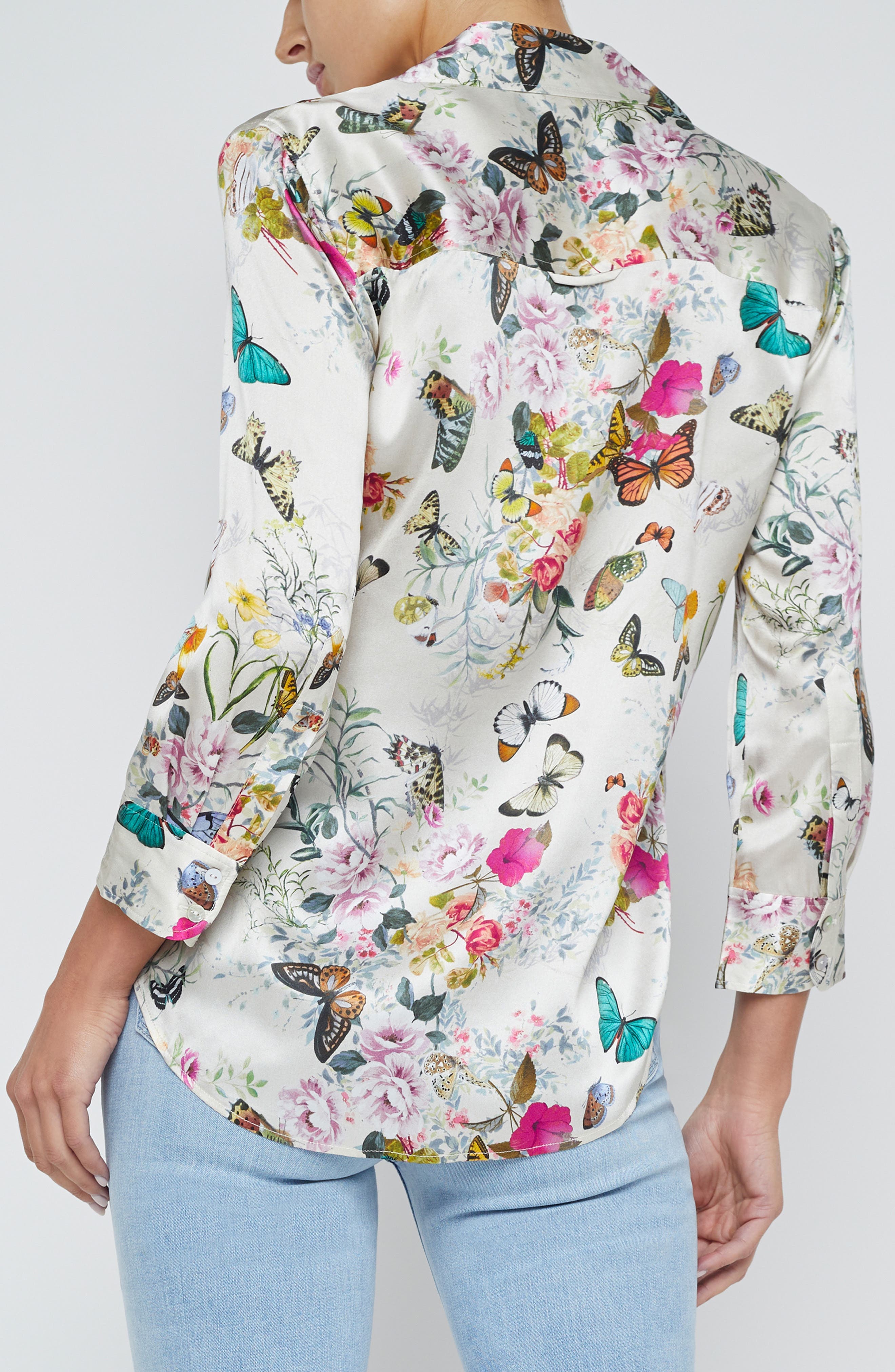 Dani Butterfly Print Silk Button-Up Shirt - image 2