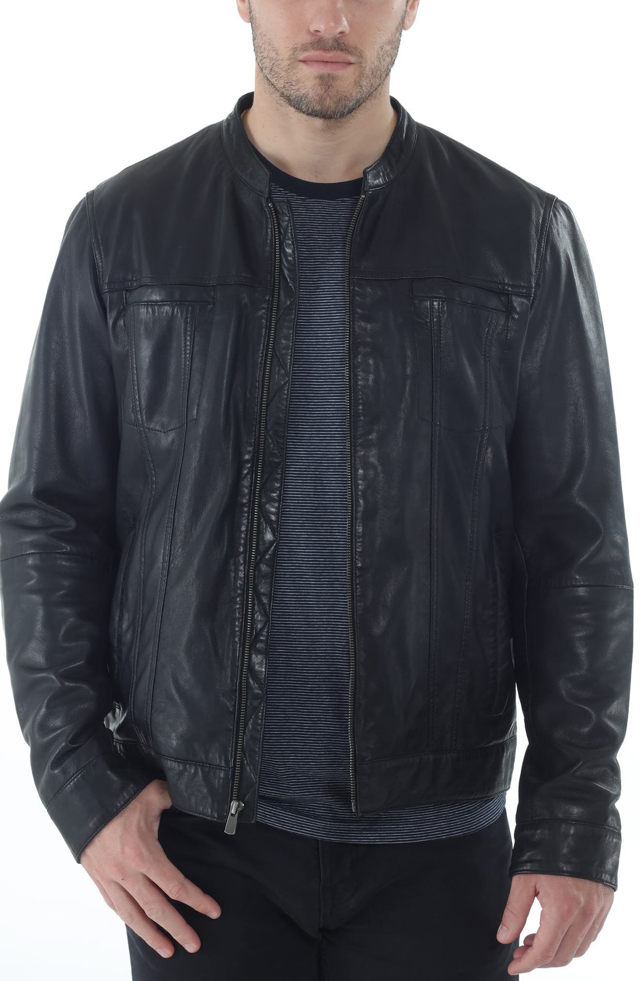 Band Collar Leather Trucker Jacket - image 1