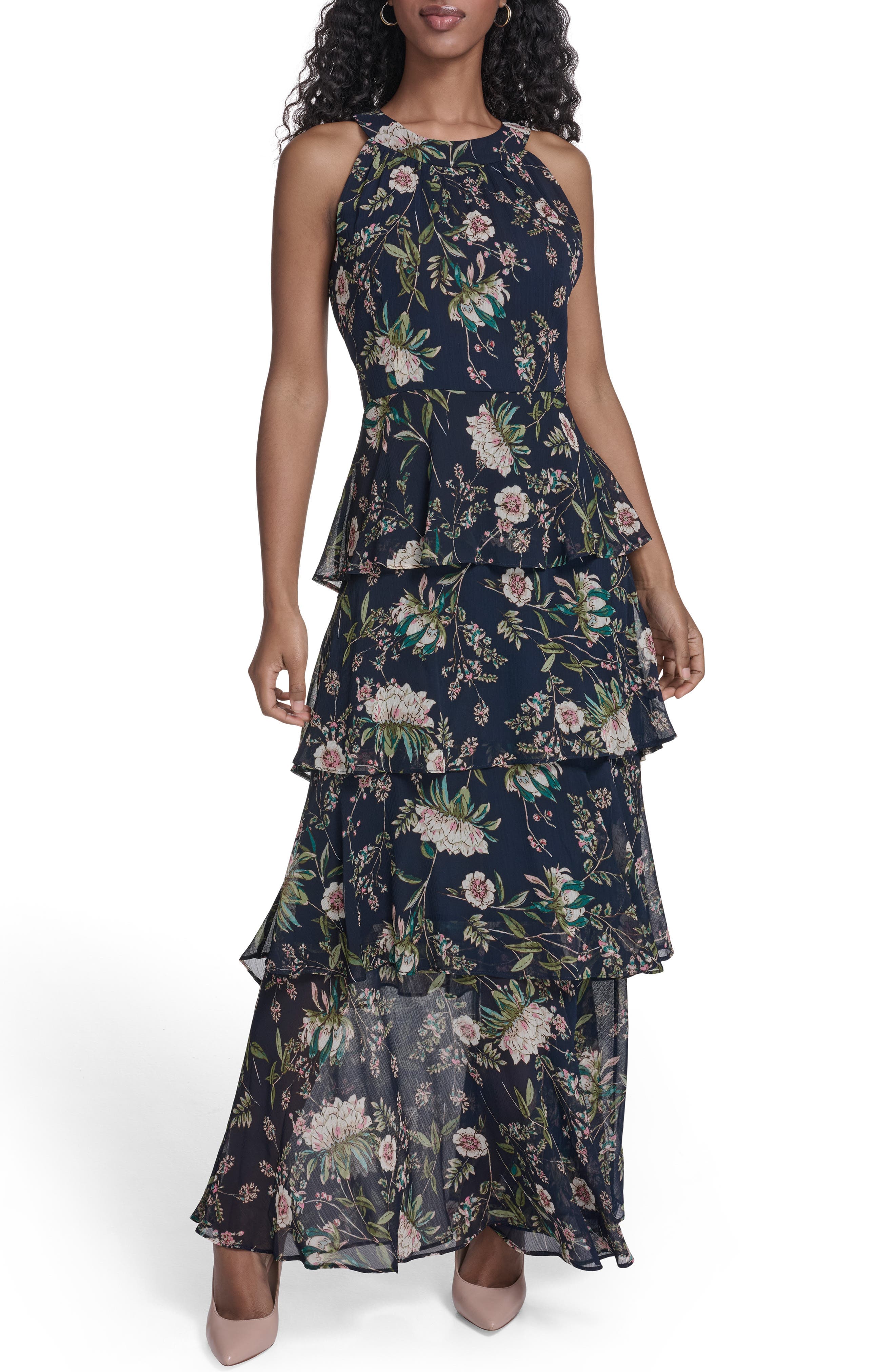 Floral Sleeveless Tiered Chiffon Maxi Dress - image 1