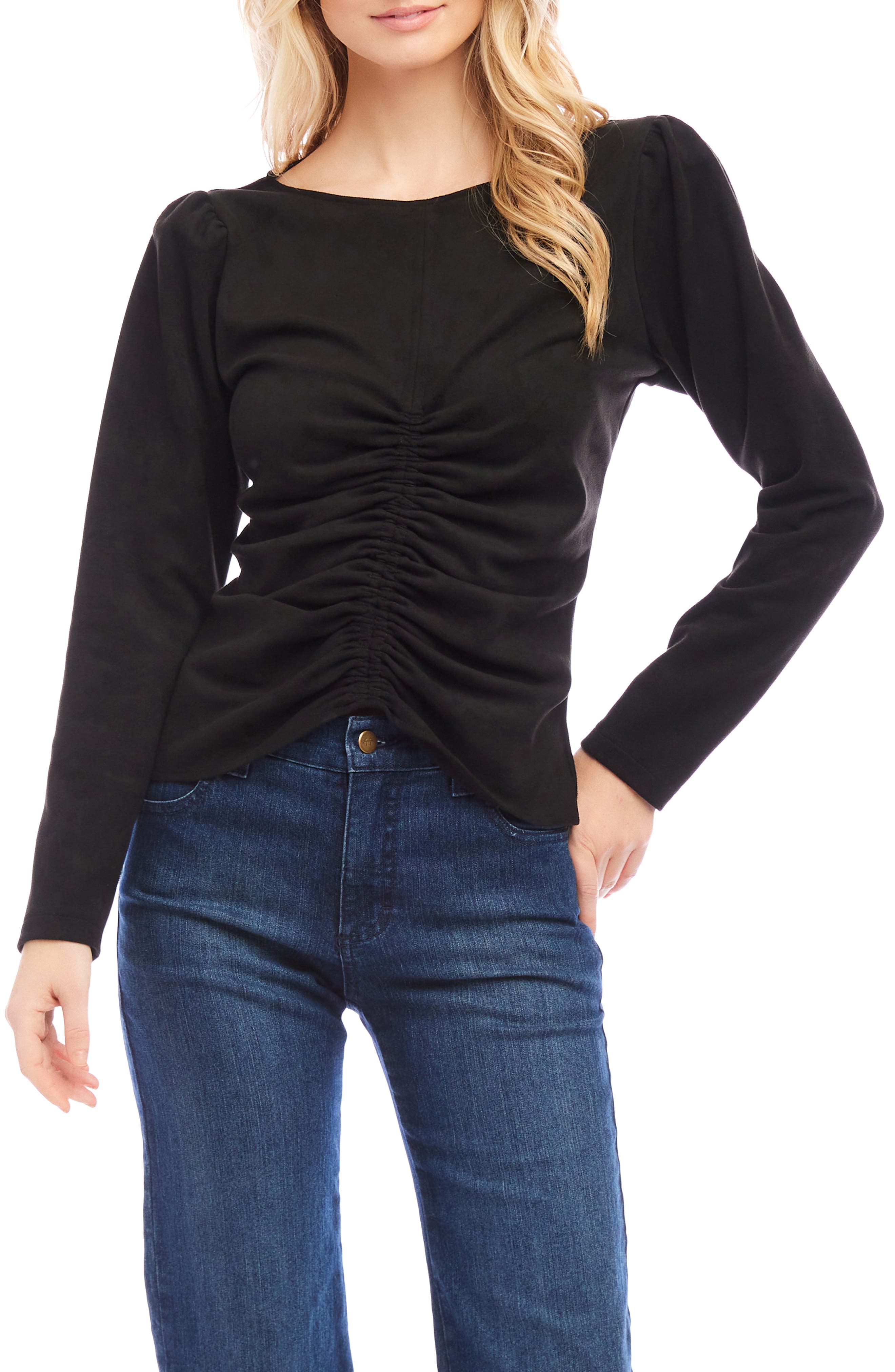 Faux Suede Shirred Long Sleeve Top - image 1