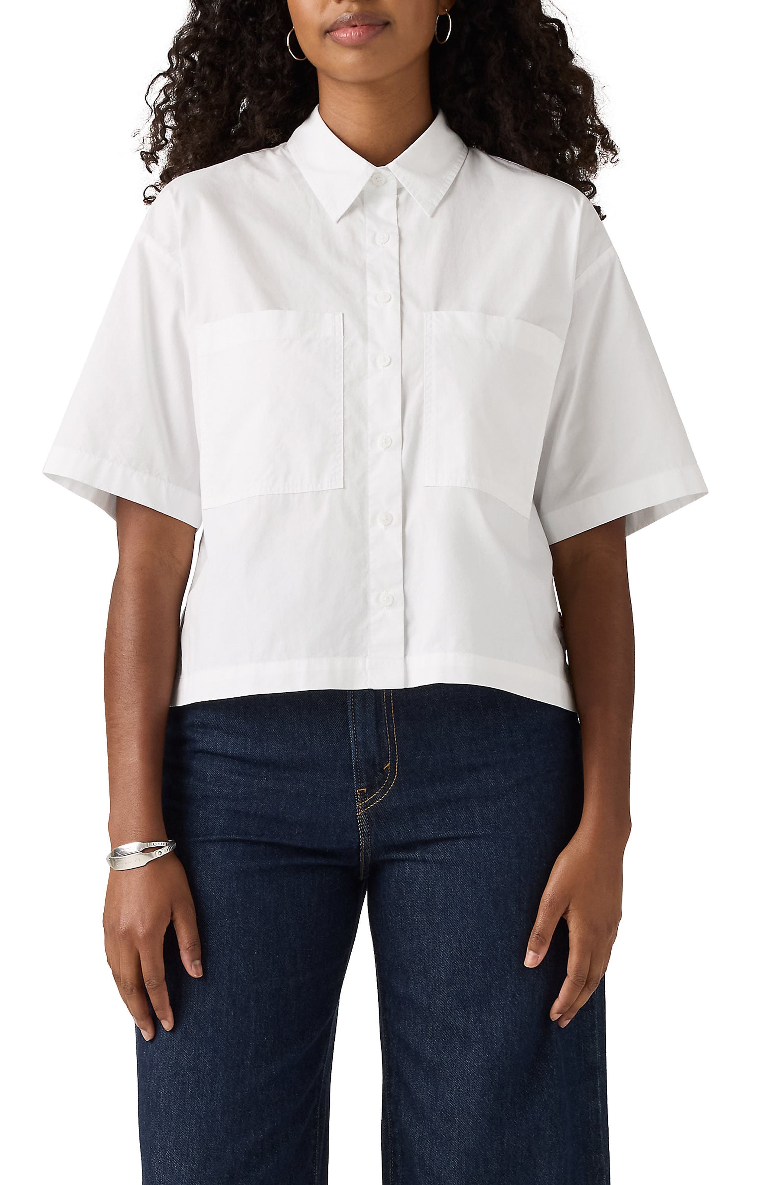 Harlie Short Sleeve Crop Cotton Poplin Button-Up Shirt - image 1