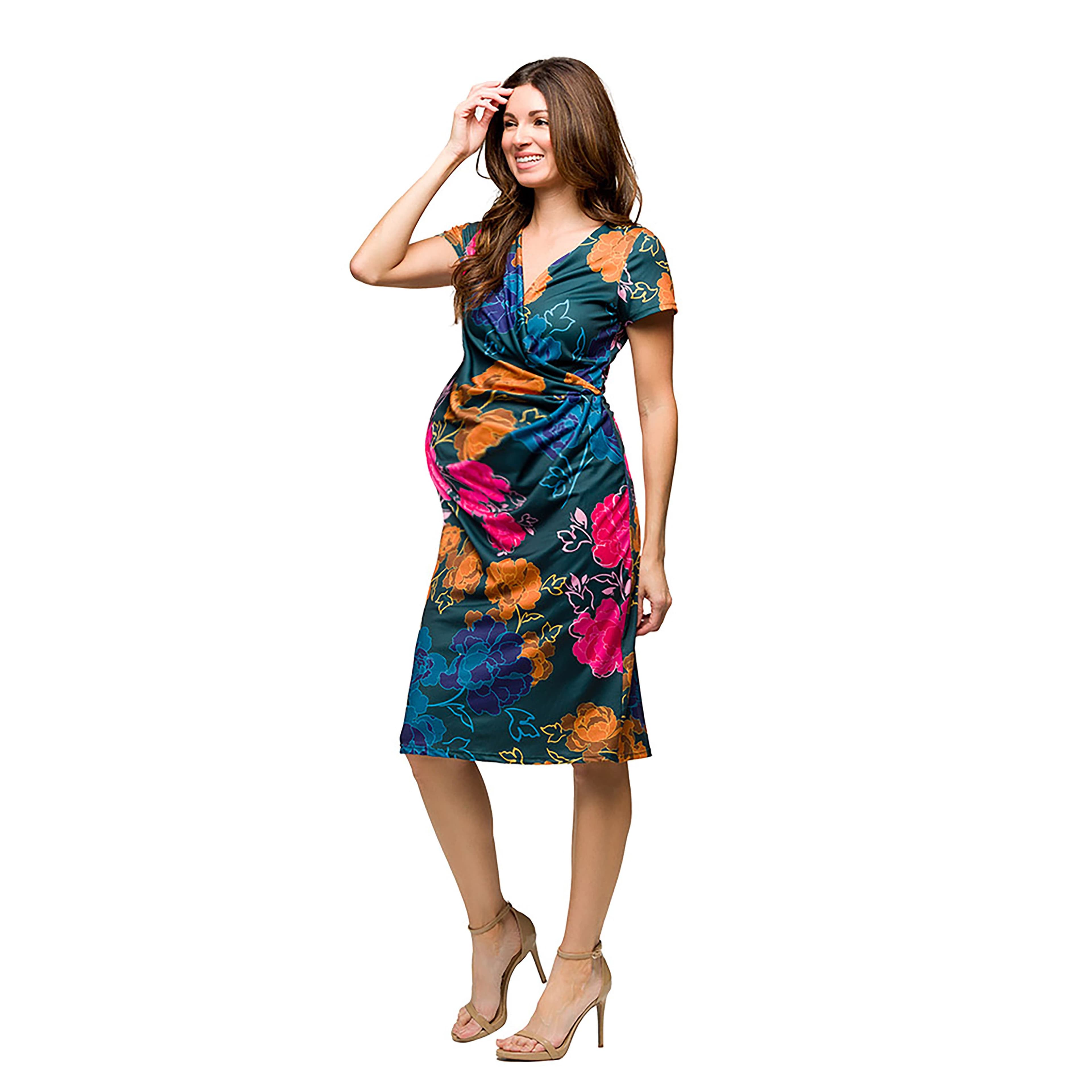 Maternity Blue Floral Knee Length Short Sleeve Faux Wrap Dress - image 2