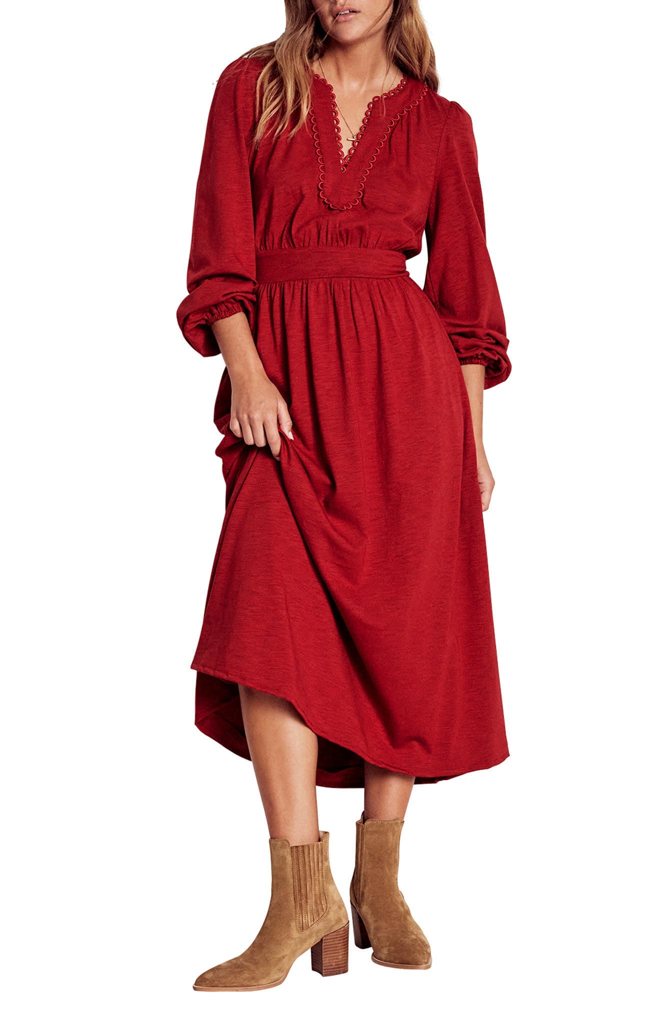 Maddie Picot Trim Long Sleeve Cotton Blend Midi Dress - image 1