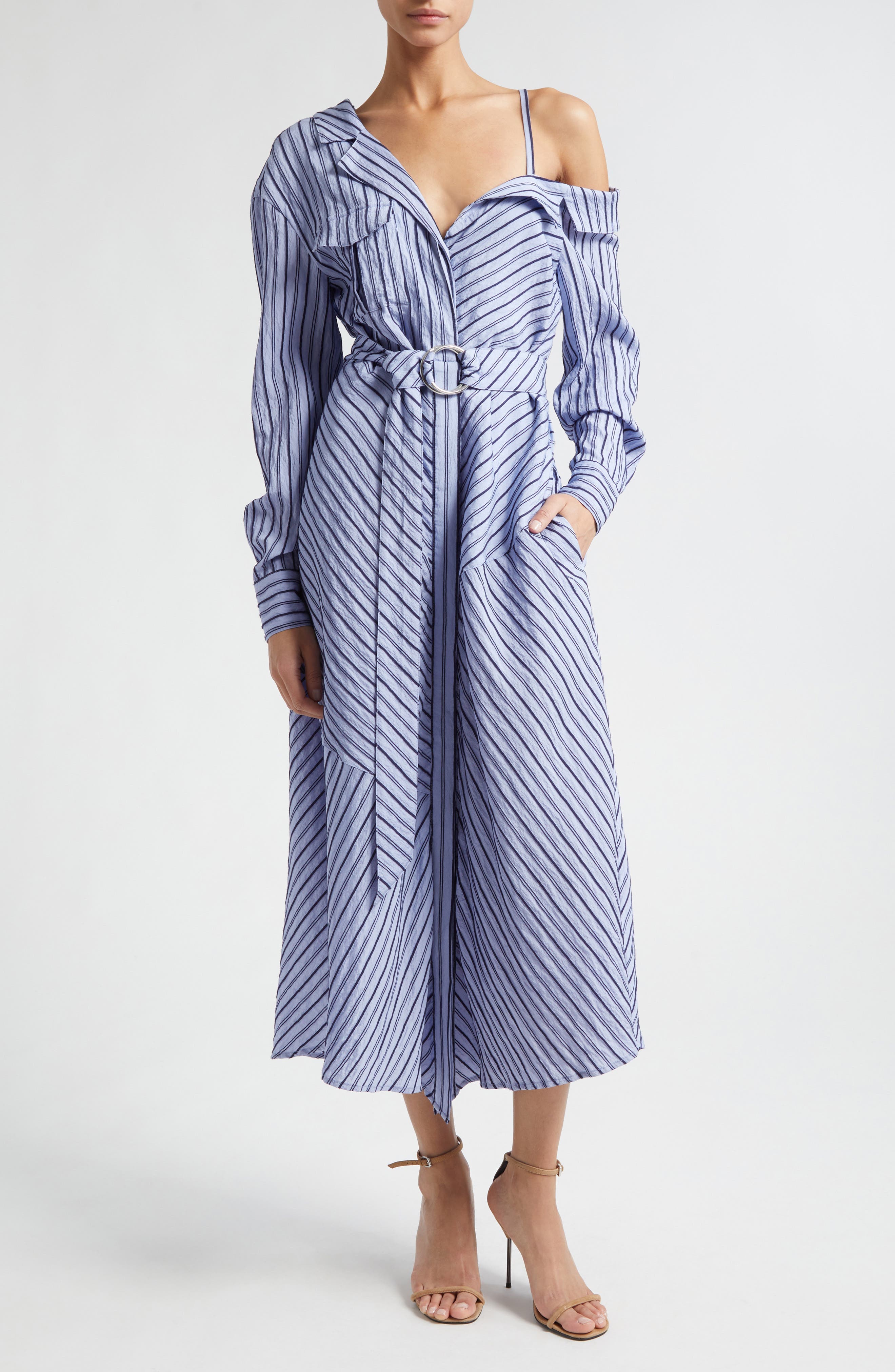Marcella Asymmetric Stripe Long Sleeve Midi Shirtdress - image 1