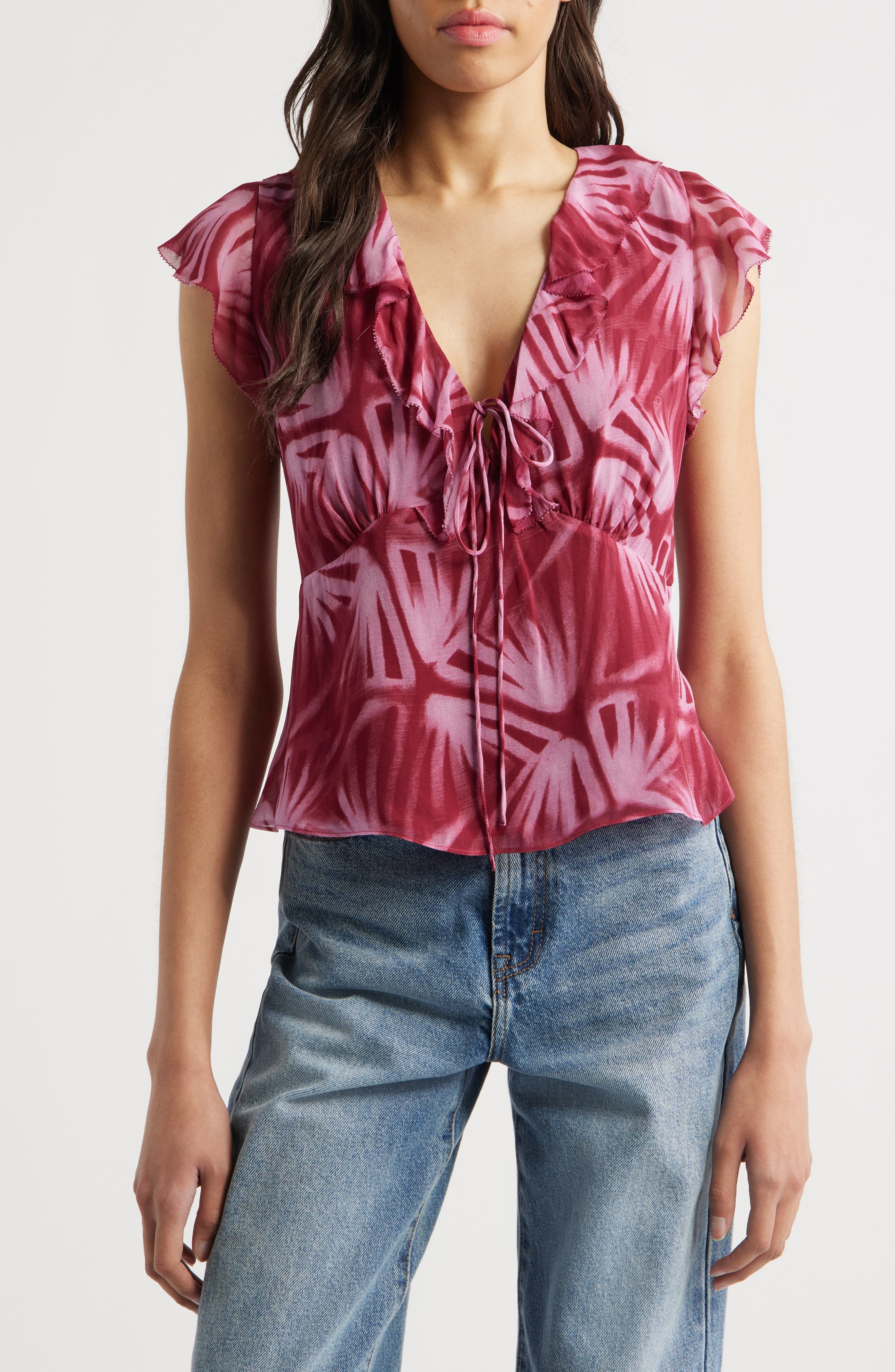 Carmine Frond Print Flutter Sleeve Top - image 1