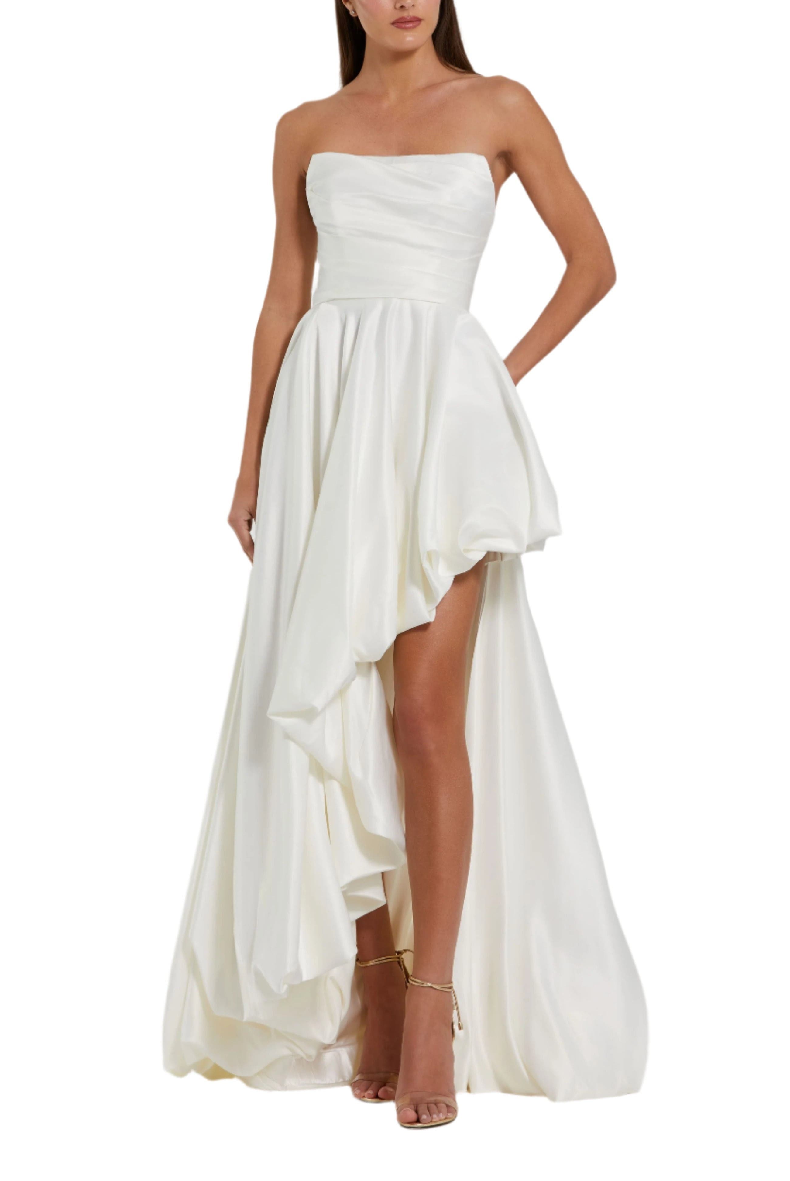 Petite Strapless High-Low Satin Gown with Draped Skirt - image 1