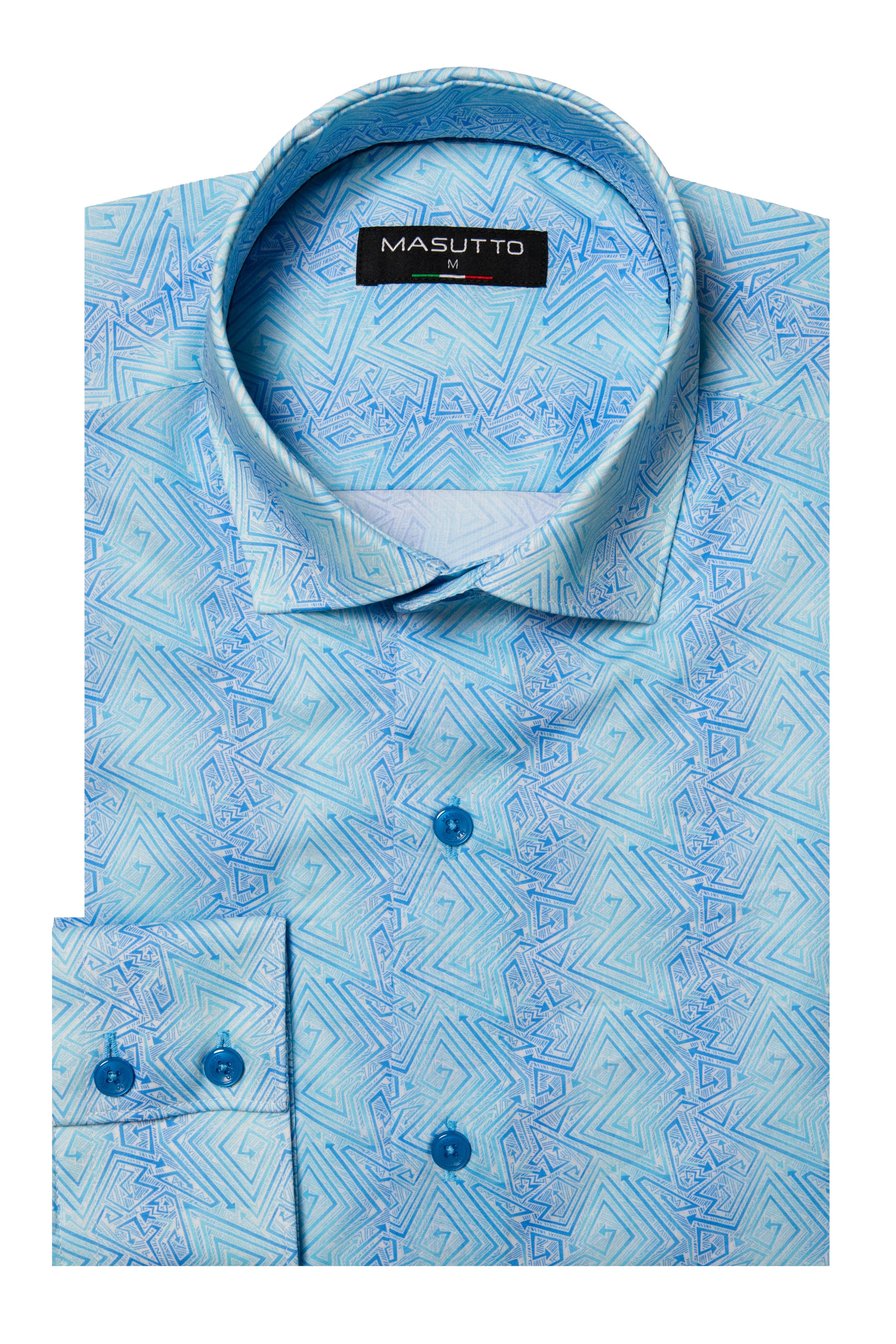 Faro Aqua Blue Geometric Pattern Button-Up Long Sleeve Shirt