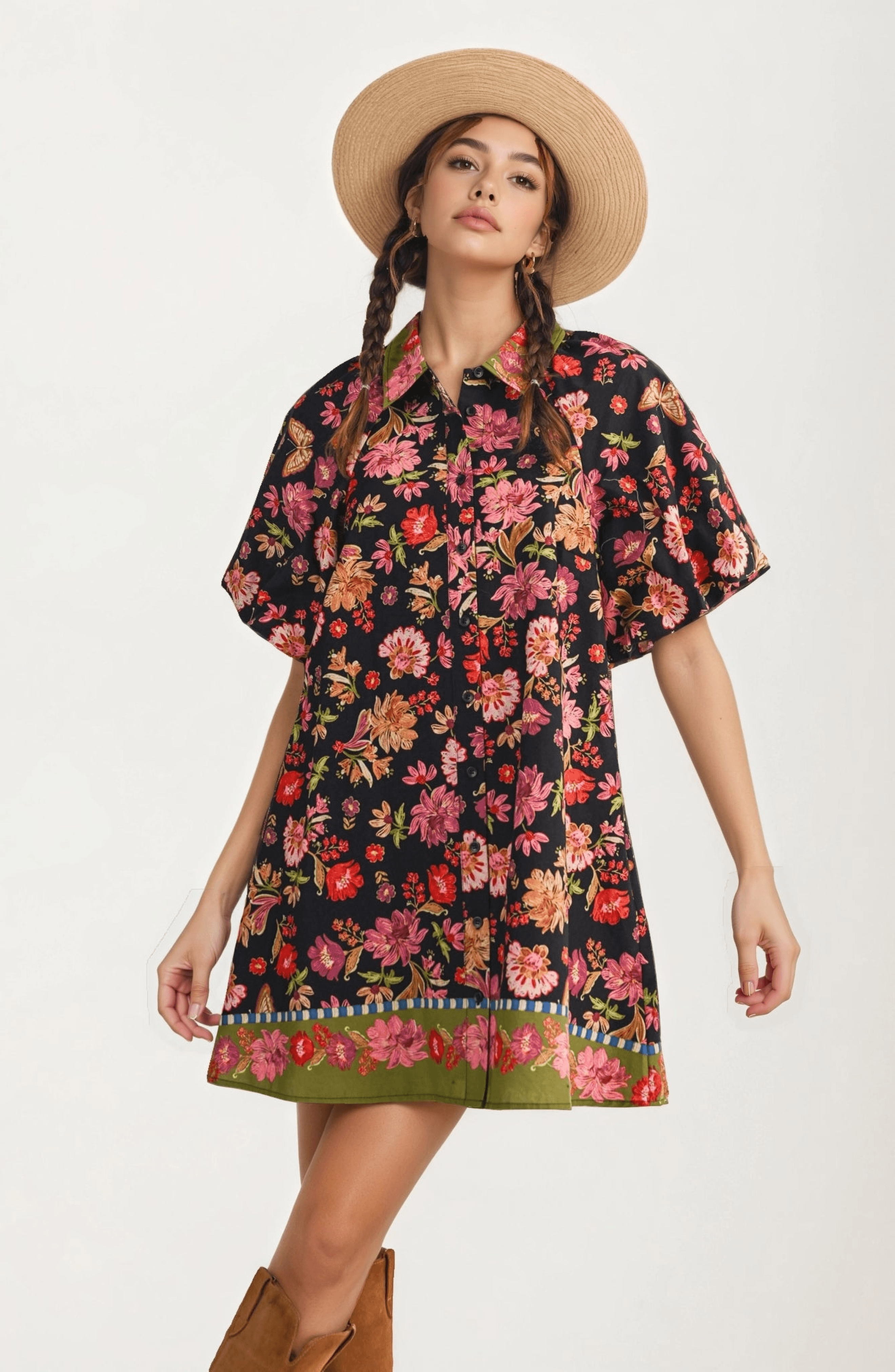 Button Front Floral Shirt Dress - image 1