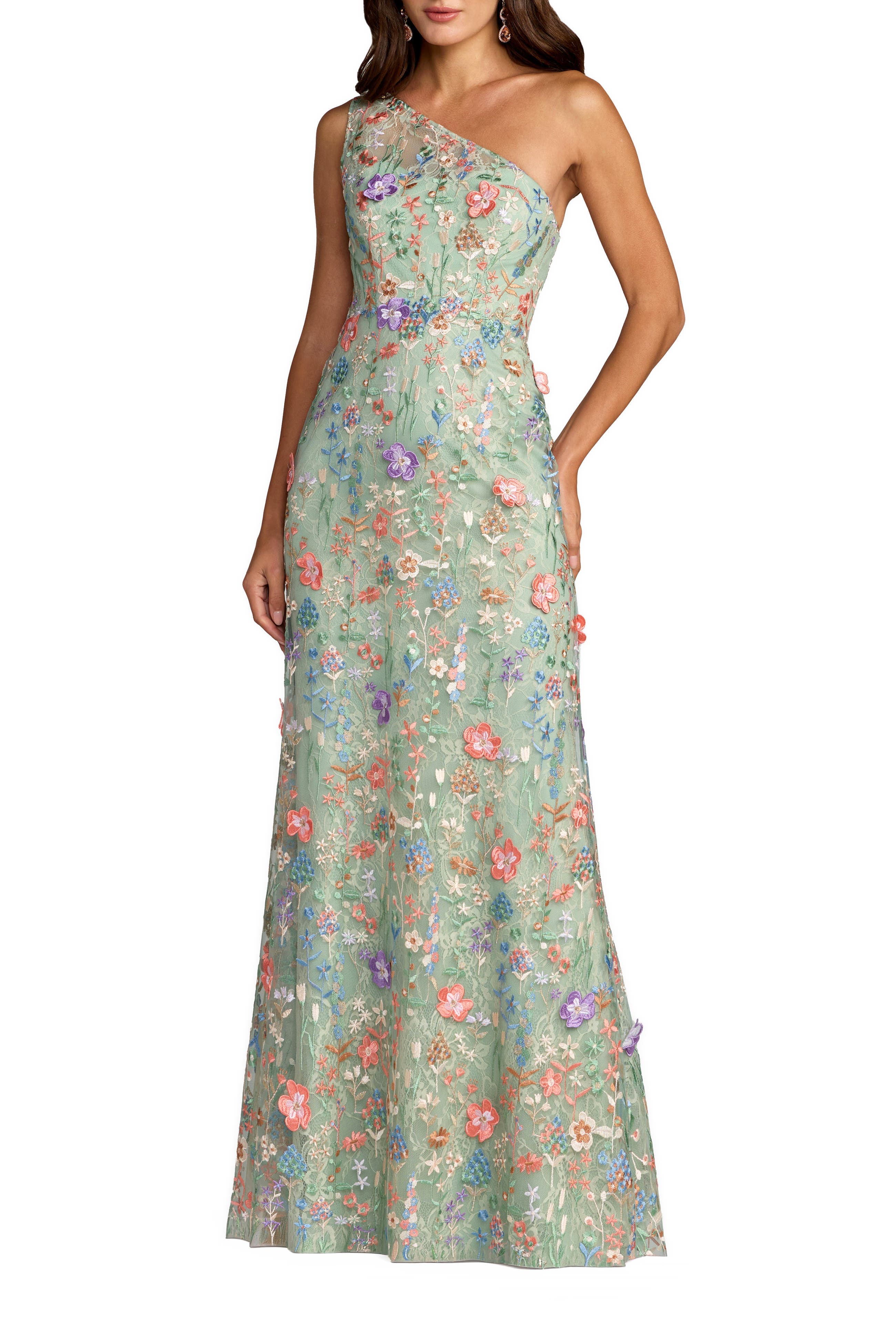 Petite One Shoulder Lace Embroidered Gown - image 1