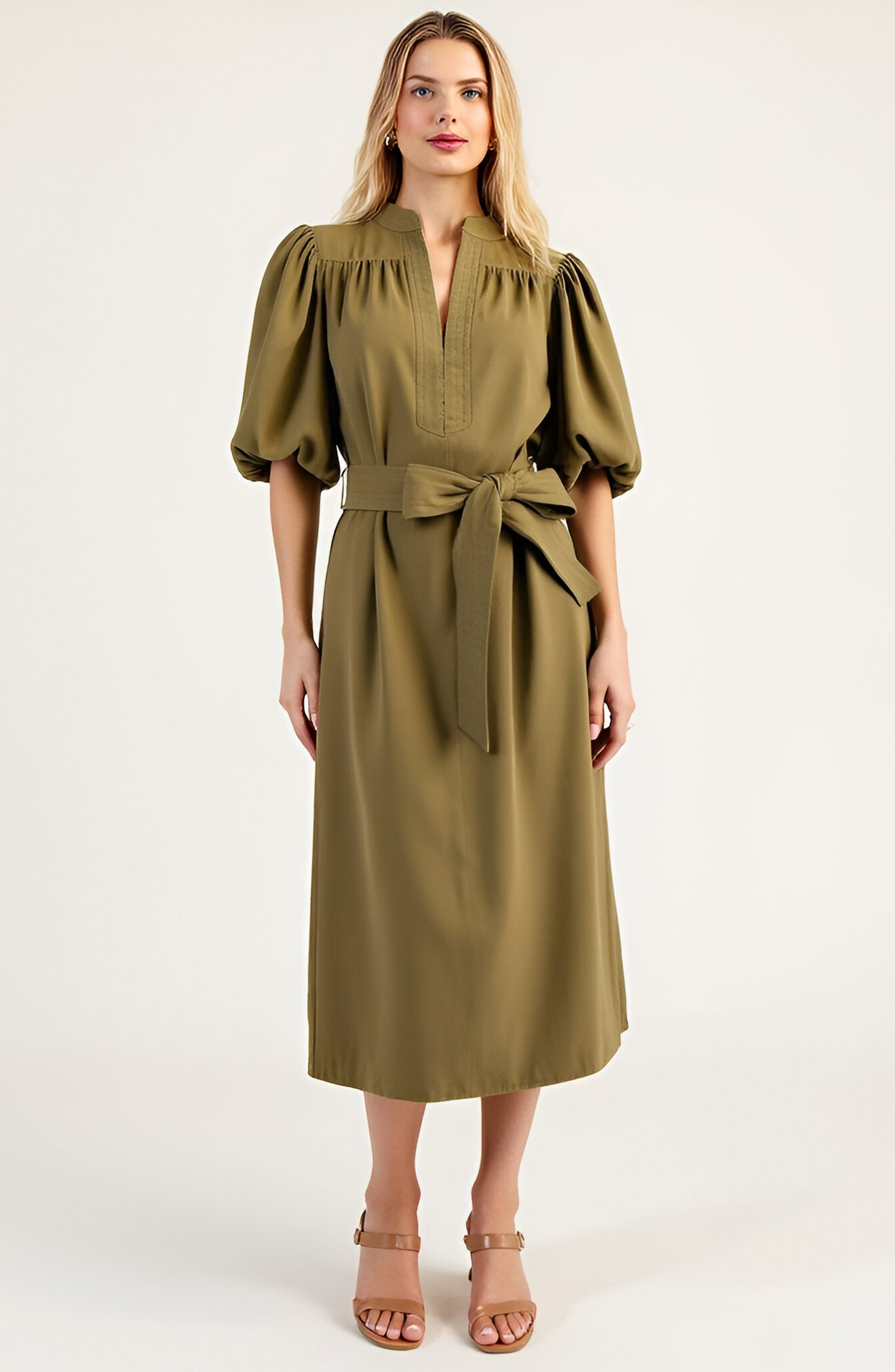 Belted Midi Dress with Puff Elbow Sleeves and Keyhole Neckline - image 1