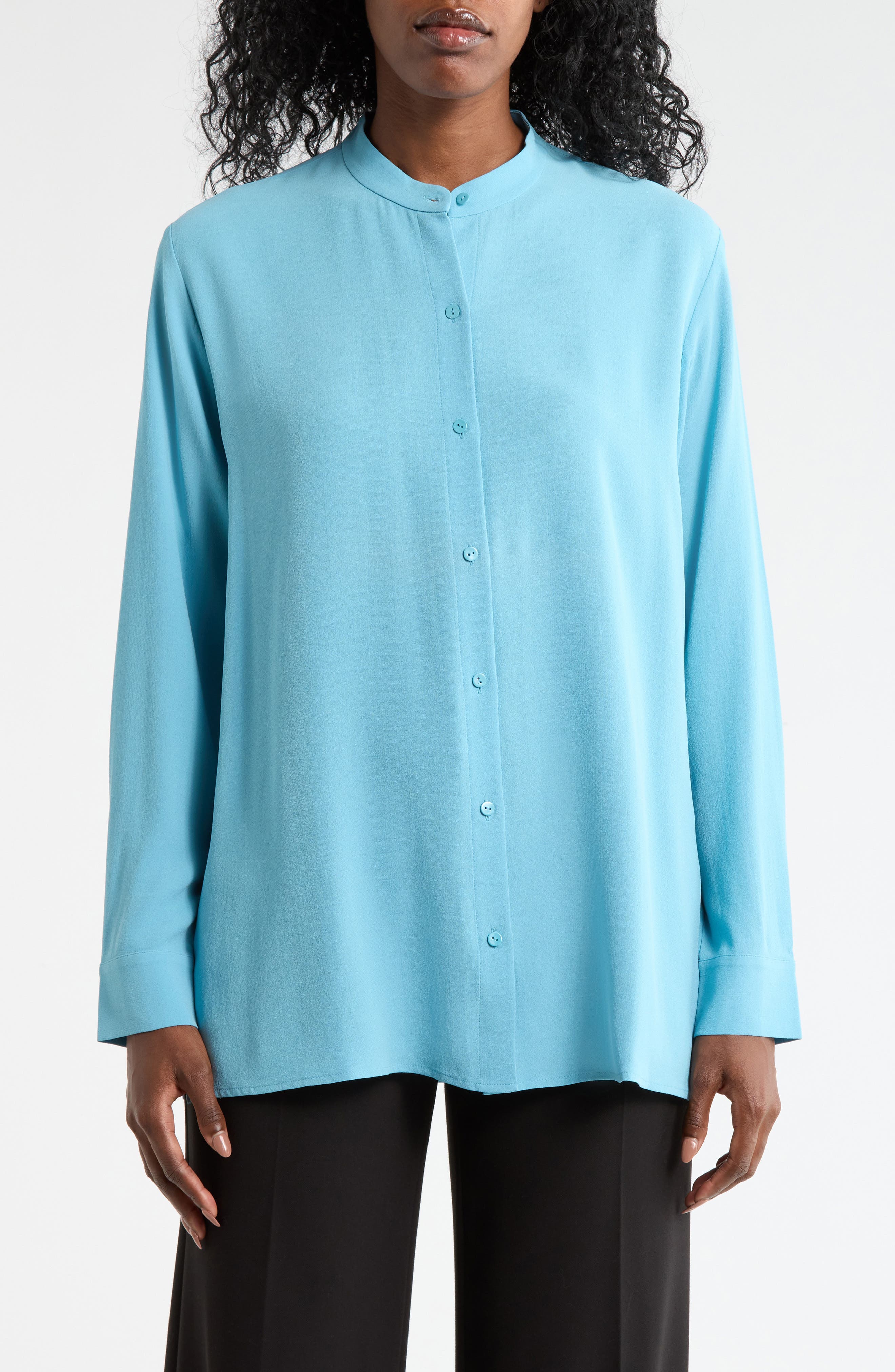 Band Collar Silk Button-Up Shirt - image 1