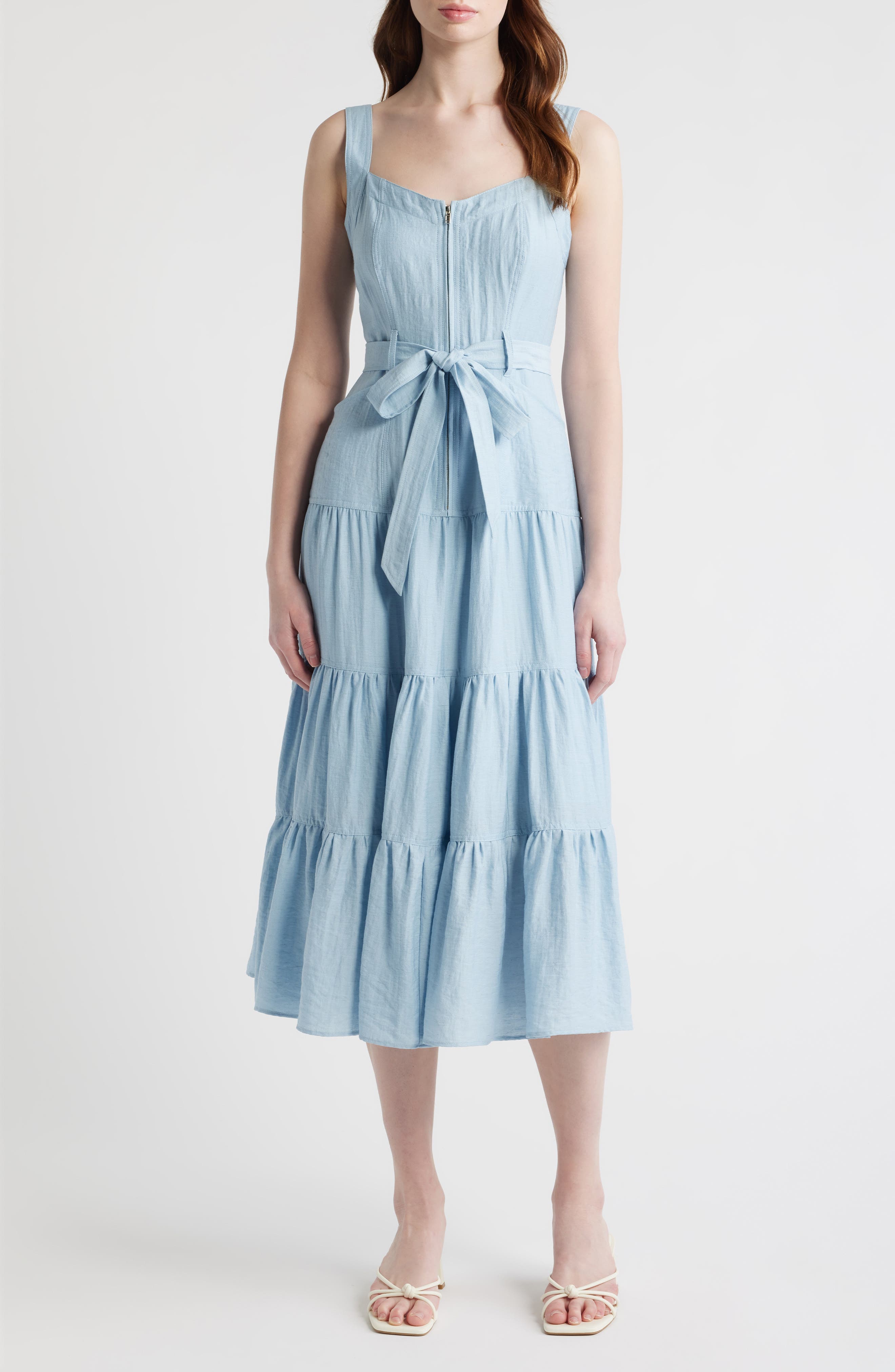 Zip Front Tie Belt Tiered Sundress - image 1