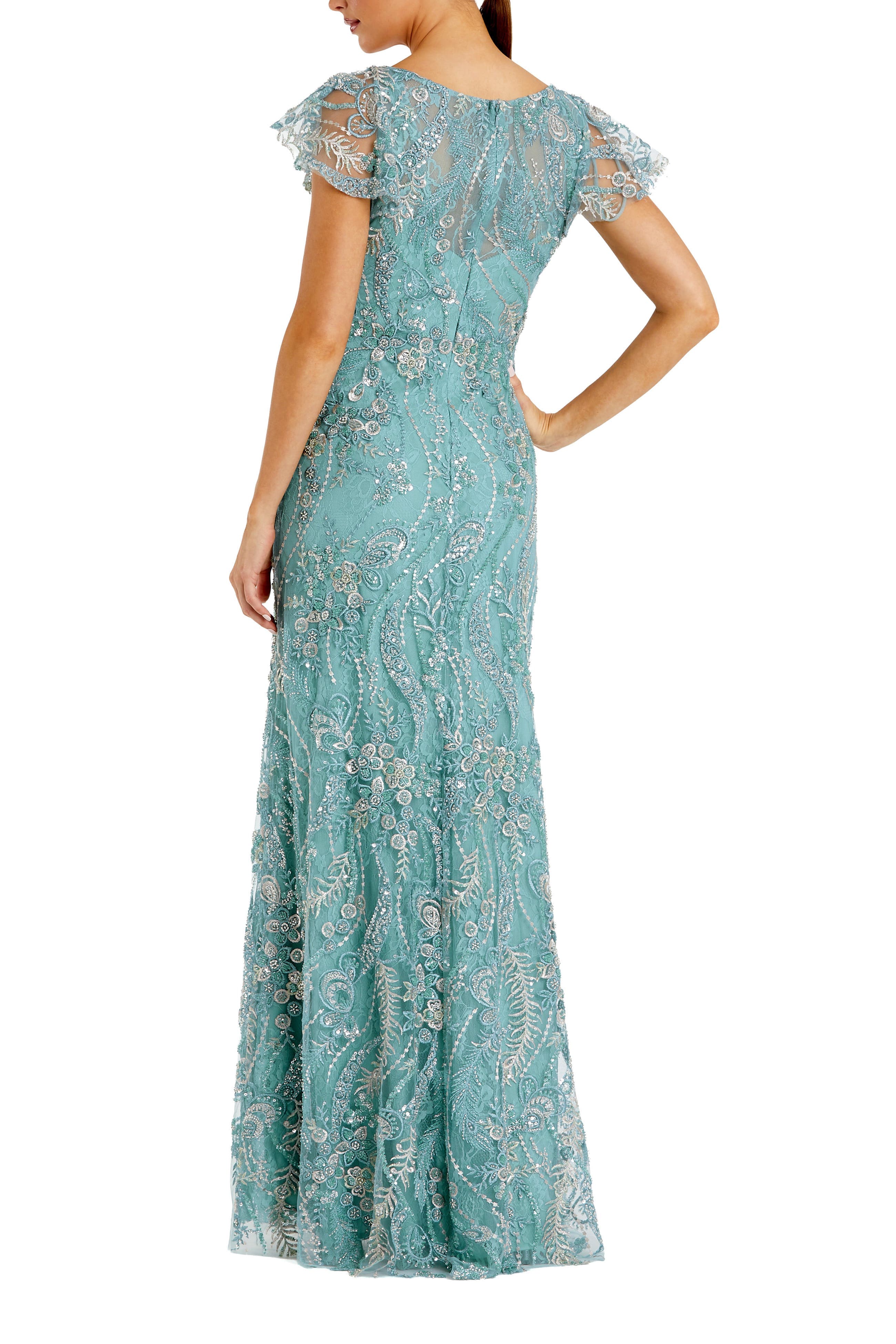 Petite V Neck Flutter Sleeve Floral Embroidered Gown - image 2